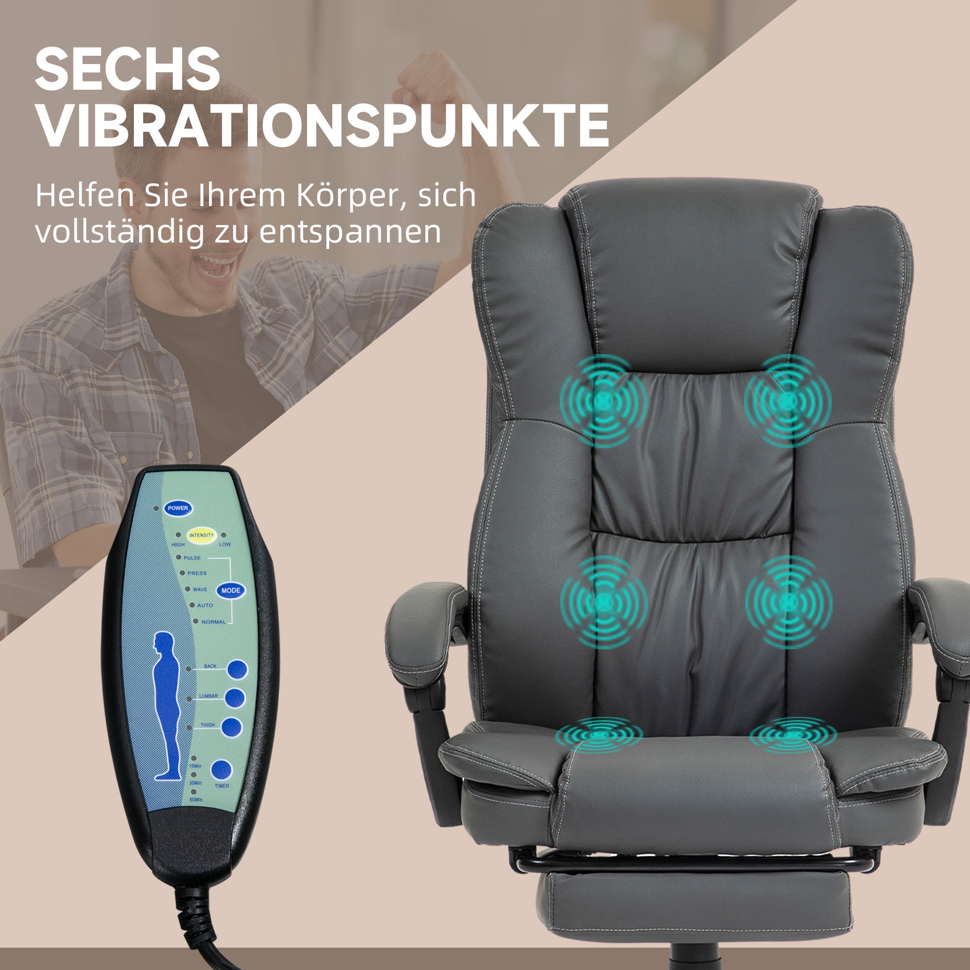 Vinsetto Verstellbarer Drehstuhl mit Fußstütze, Kopfstütze, Massagefunktion, Kunstleder, 68,5x68,5x113-121cm, Dunkelgrau