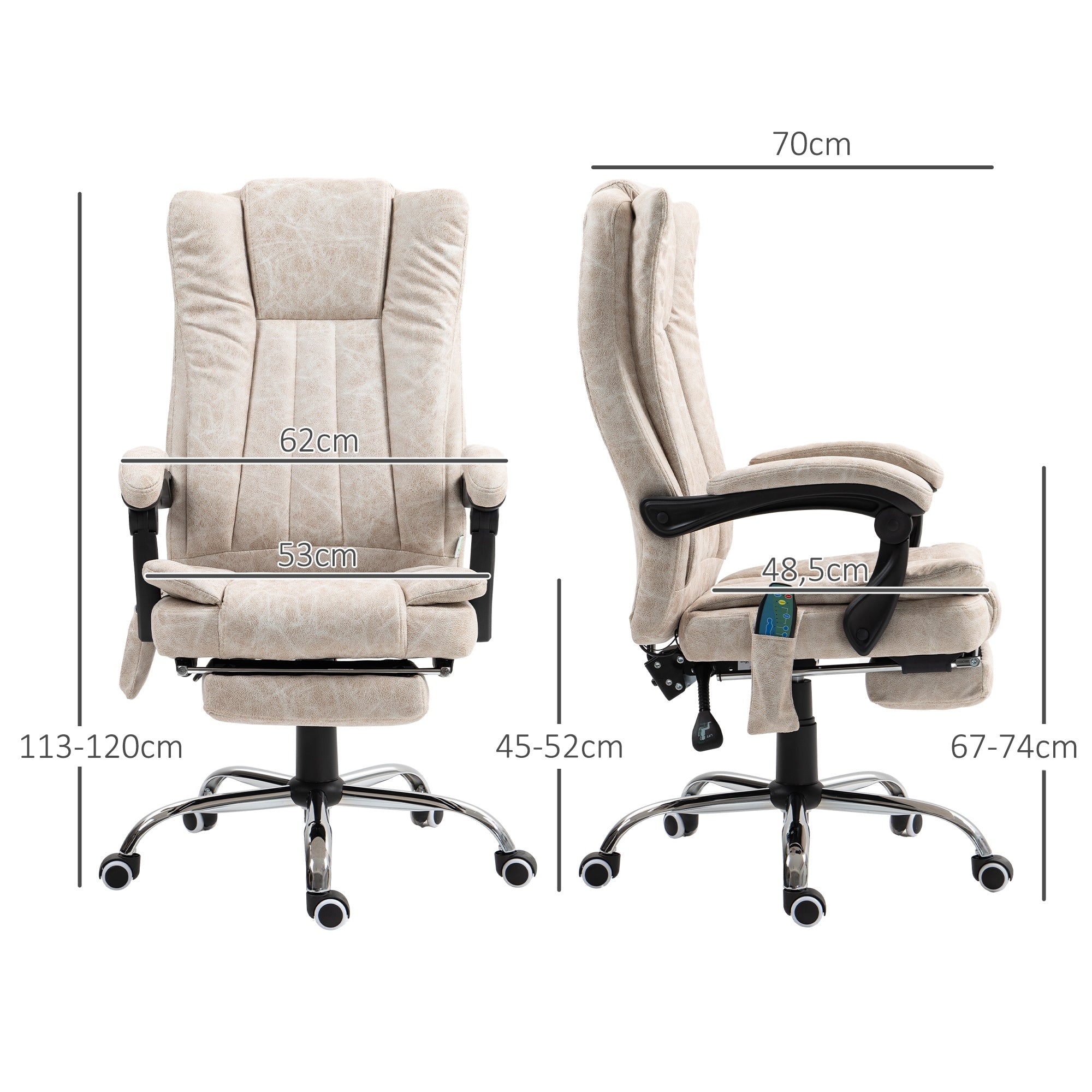 Vinsetto Bürostuhl mit Massagefunktion, Ergonomischer Schreibtischstuhl mit Liegefunktion, Heizfunktion, Seitentasche, Cremeweiß
