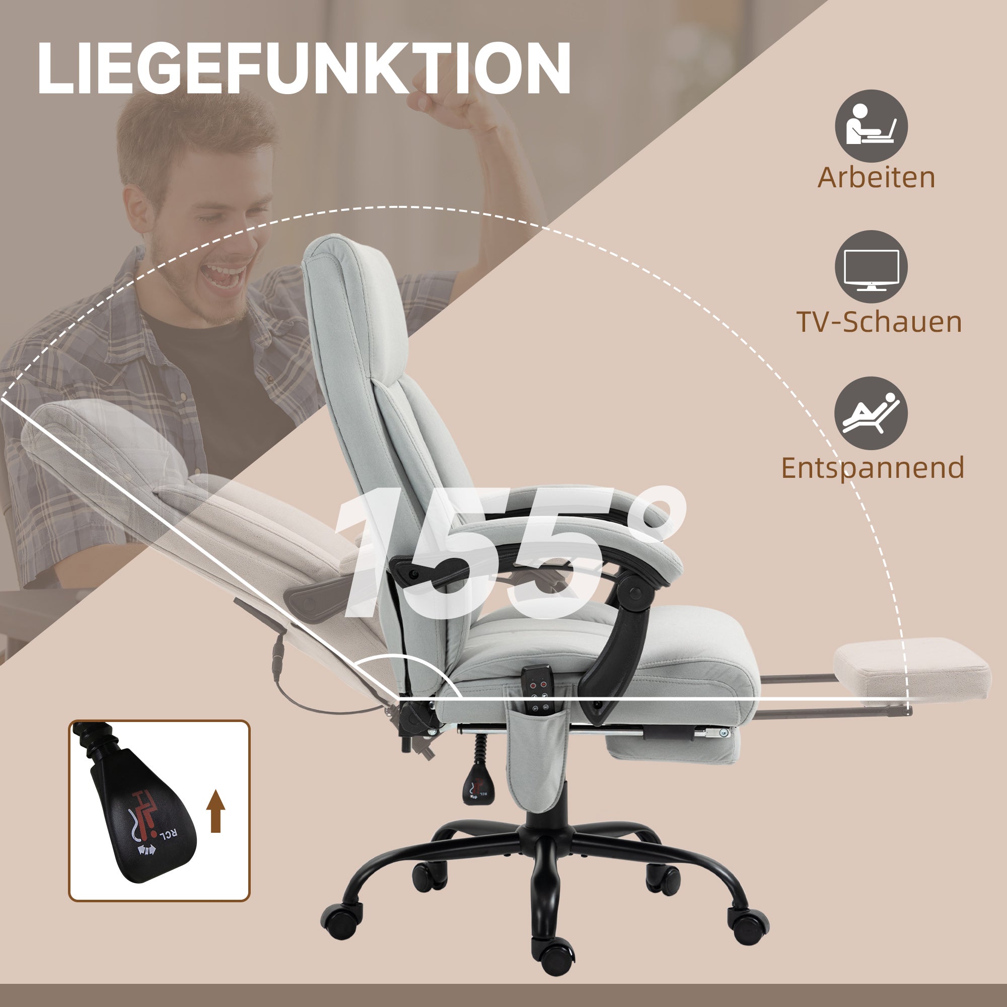 Vinsetto Bürostuhl mit Massagefunktion & Heizfunktion, Fußstütze, bis 120 kg, Grau