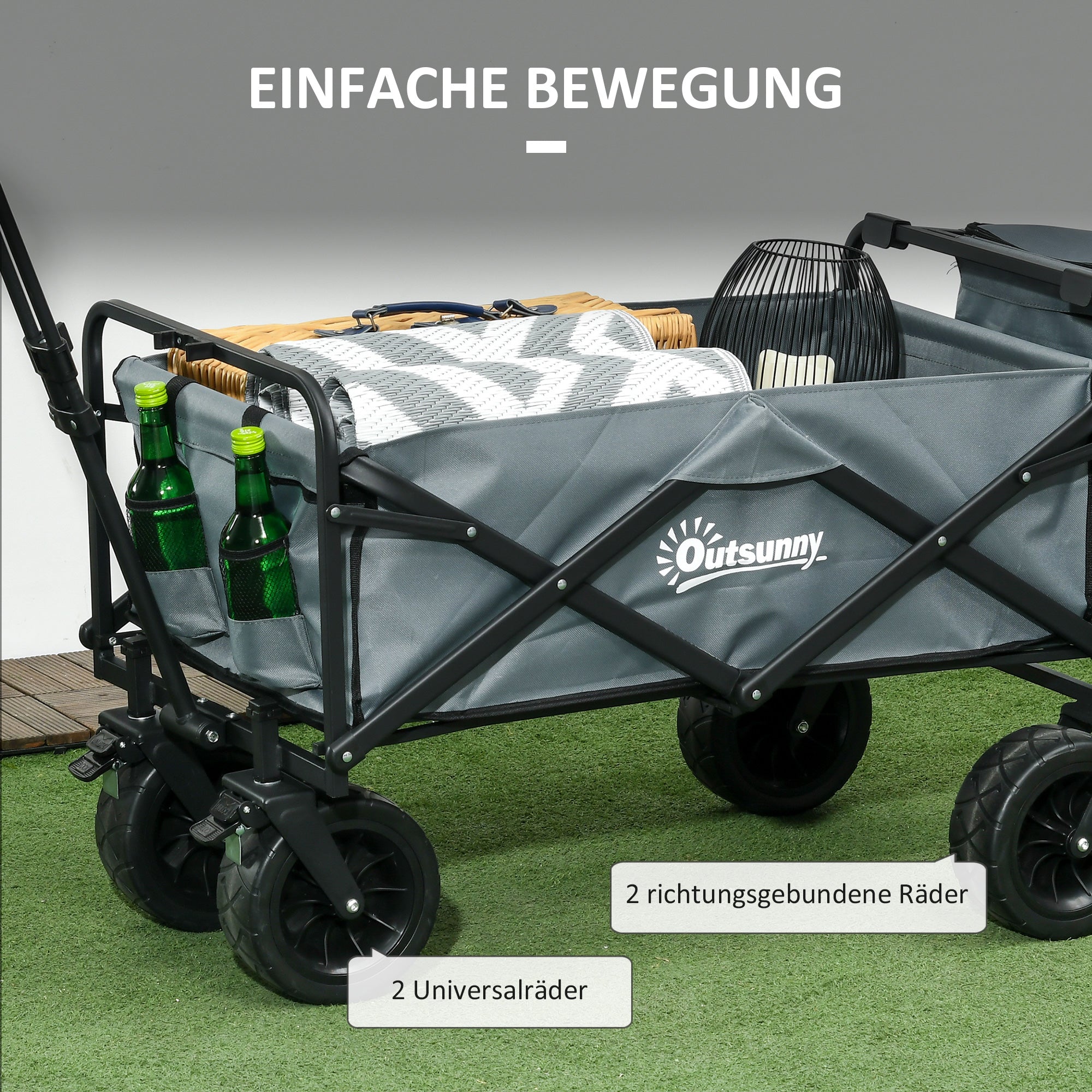 Outsunny Bollerwagen mit Kühltasche, klappbar, Stahlrahmen, bis 100 kg, 113x57x77-100 cm, Dunkelgrau
