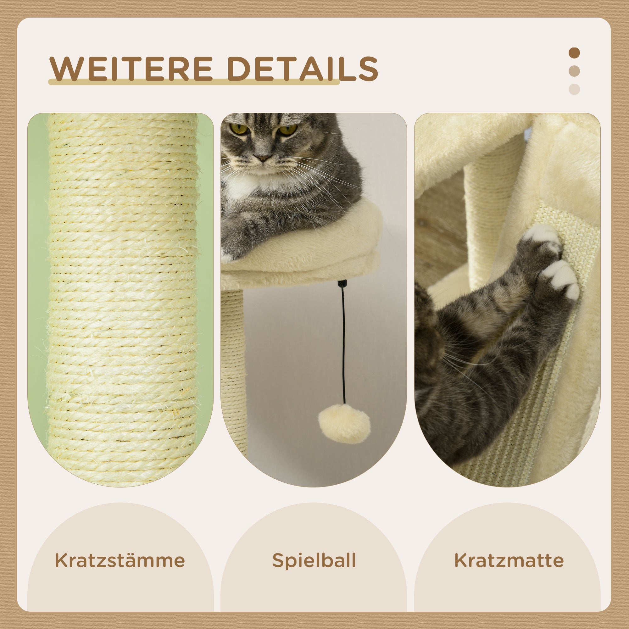PawHut Kratzbaum mit Katzenhöhle. Katzenbaum, 1 Katzenhöhle, 1Hängematte, 1 Katzenbett, 1 Liegefläche, Natur+ Weiß + Braun