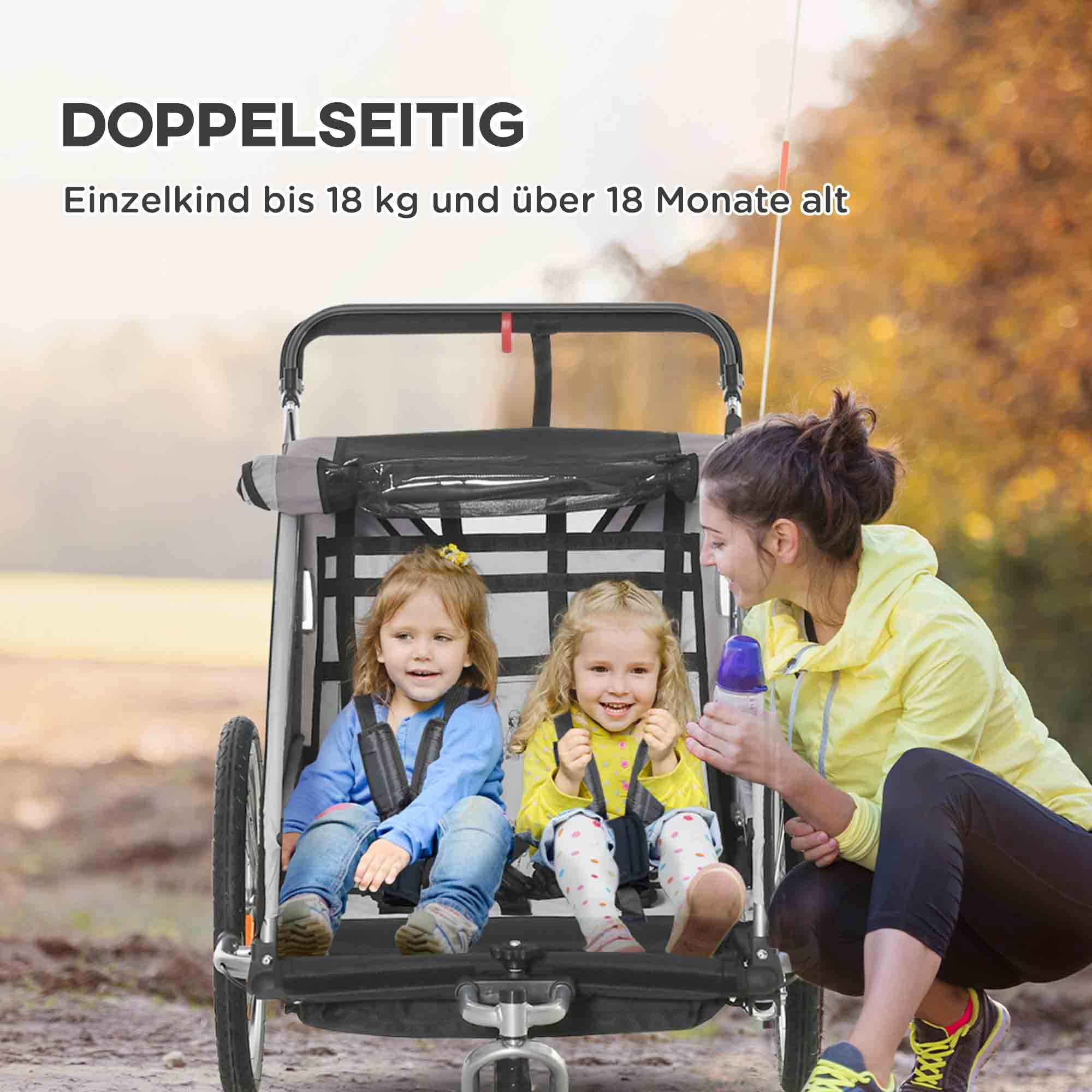 HOMCOM Kinderfahrradanhänger, Schiebewagen, mit Bremsen, klappbar, für 2 Kinder, Grau/Schwarz