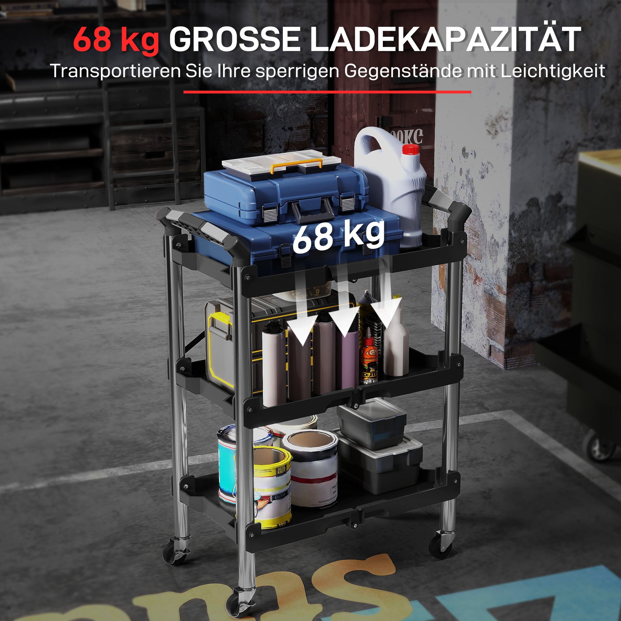 HOMCOM Werkzeug-Trolley, klappbarer 3-stufiger Werkzeugwagen, Kunststoff, Stahl, Schwarz