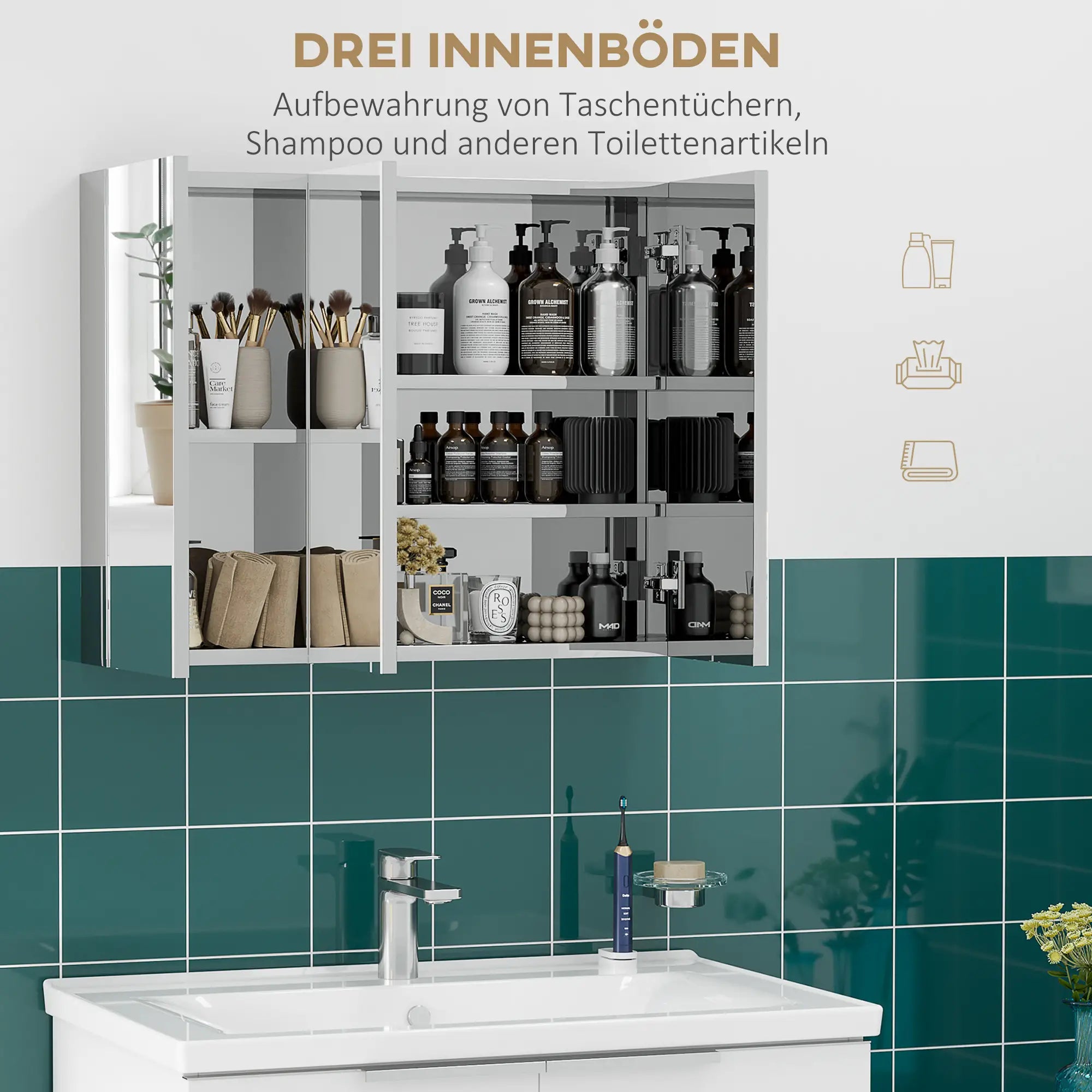 kleankin Spiegelschrank Badezimmerschrank Wandmontage Spiegeltüren Edelstahl