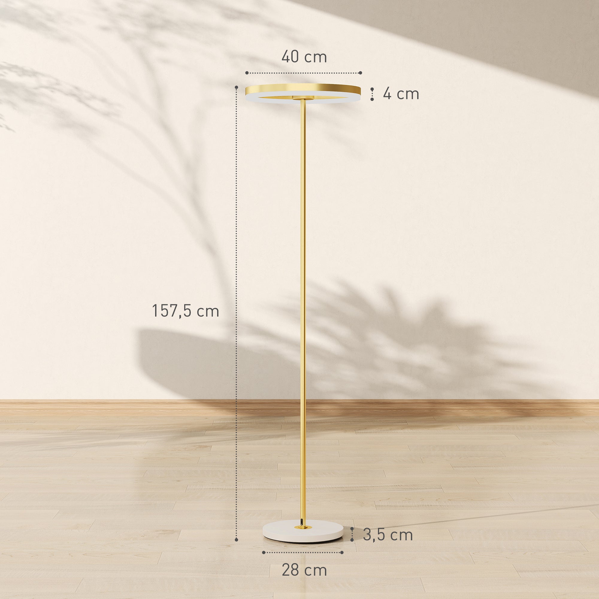 HOMCOM Stehlampe, Fußschalter, Metallstruktur, Acrylschirm, 4000K, dimmbar, Goldfarben