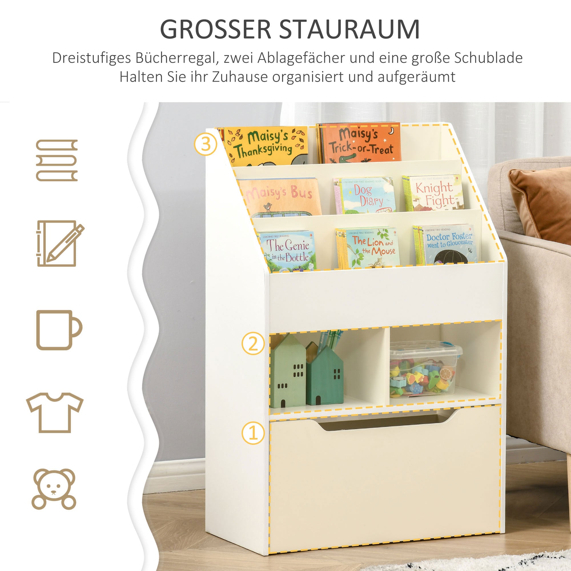 HOMCOM Kinderregal mit Schublade, Bücherregal mit Fächern, 60 x 29,9 x 90 cm, Weiß