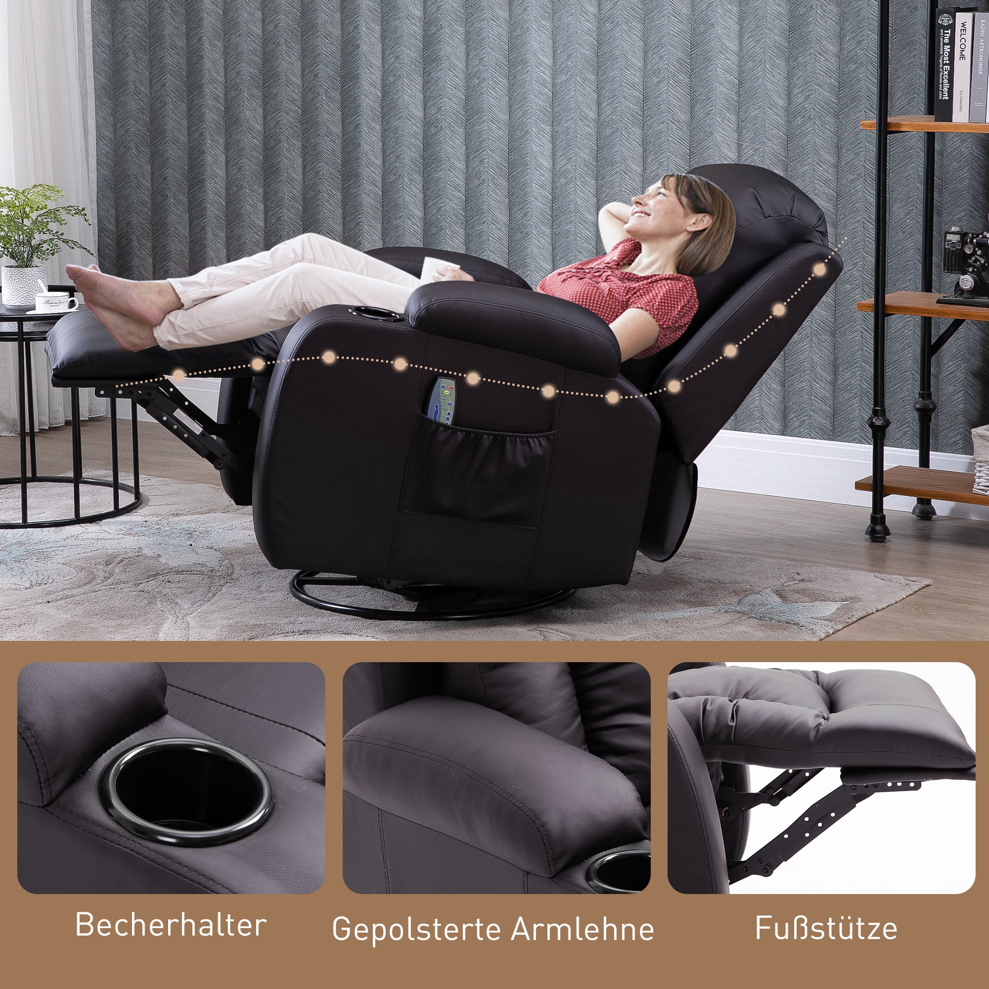 HOMCOM Massagesessel, Relaxsessel, Wippfunktion, 8 Vibrationspunkte, inkl. Fernbedienung, Braun