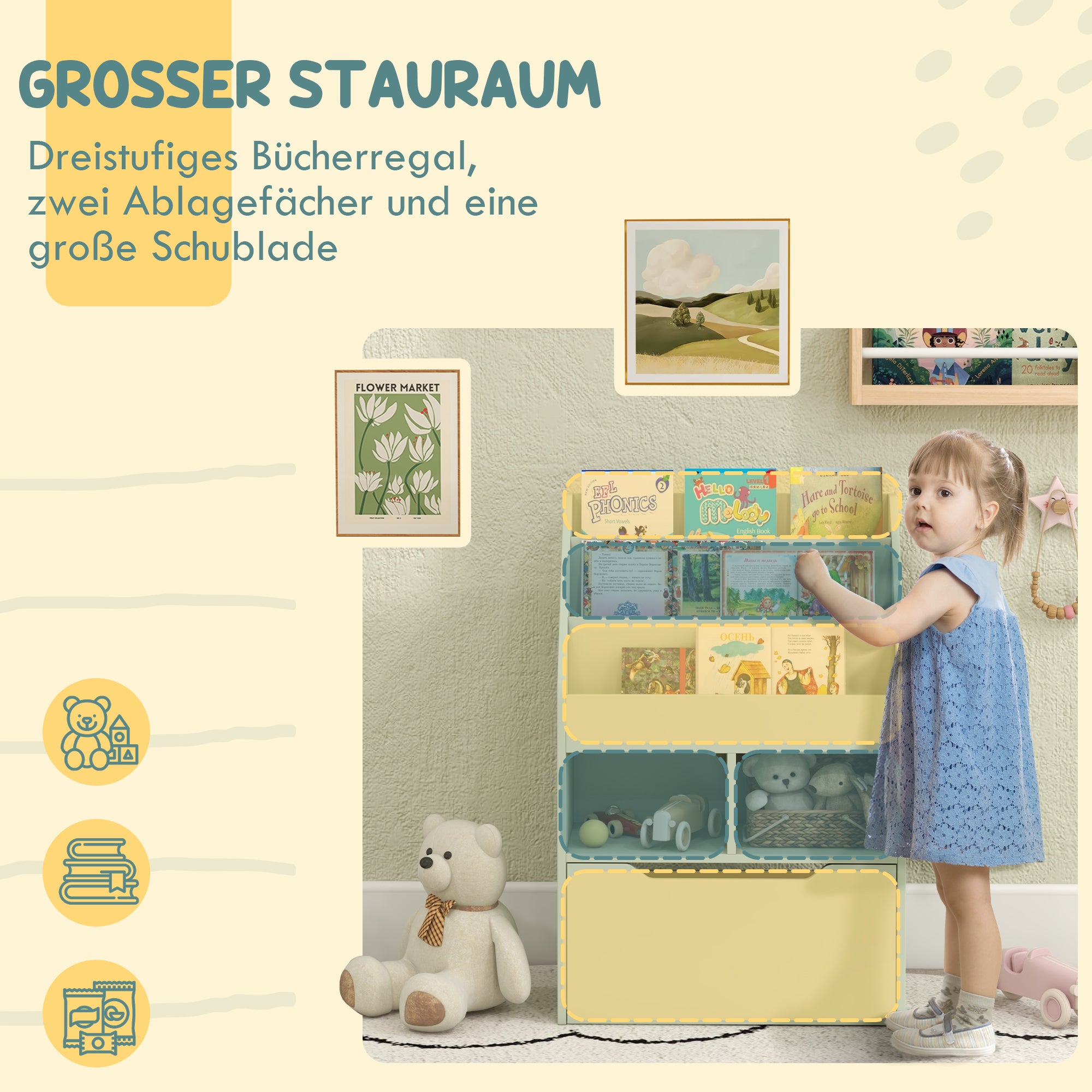 HOMCOM Kinderregal mit Schublade, Bücherregal mit Fächern, 60 x 29,9 x 90 cm, Grün
