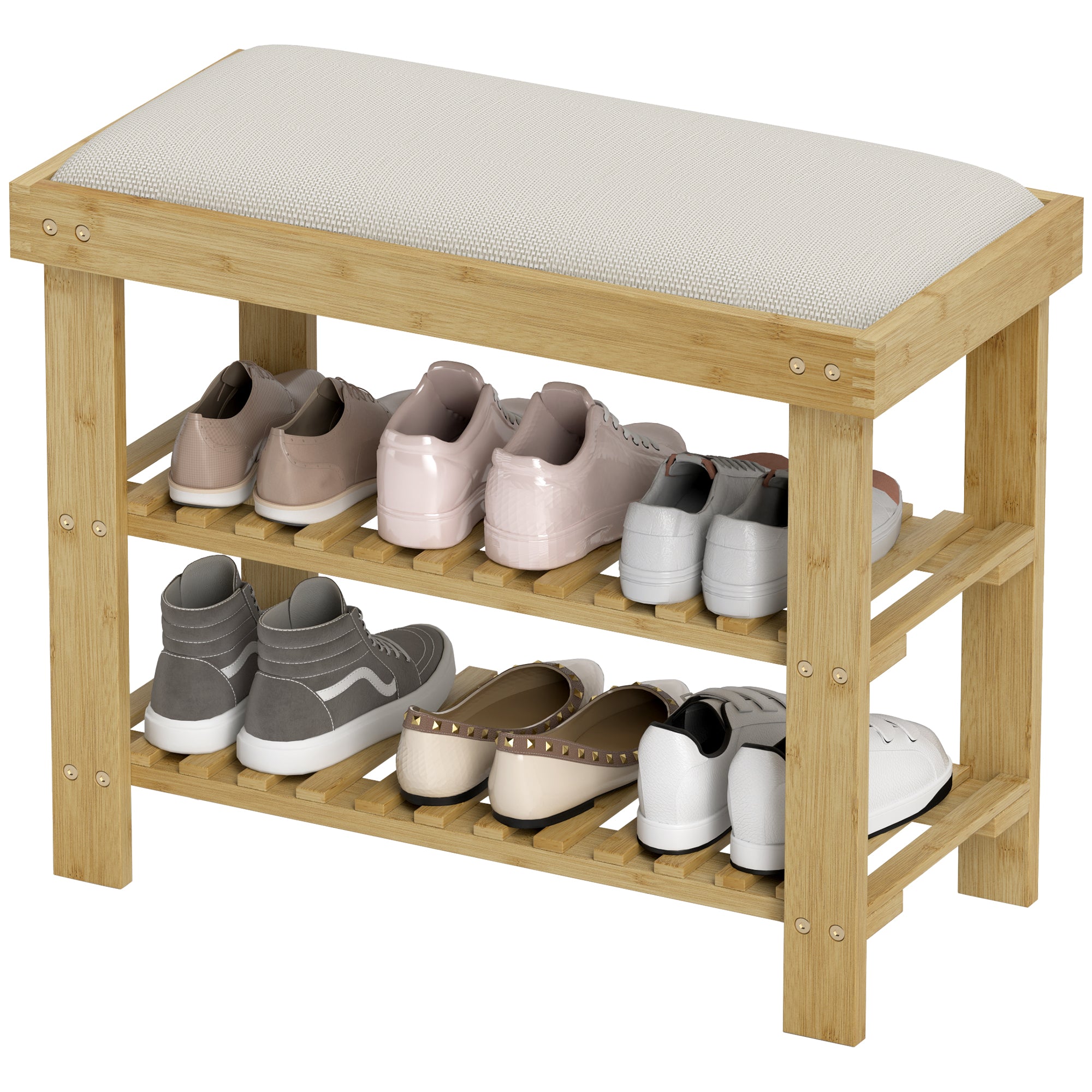 HOMCOM Schuhbank mit Sitzfläche, Bambus Sitzbank mit Stauraum, 2 offene Fächer, Sitzbank 60 x 29 x 49 cm Cremeweiß