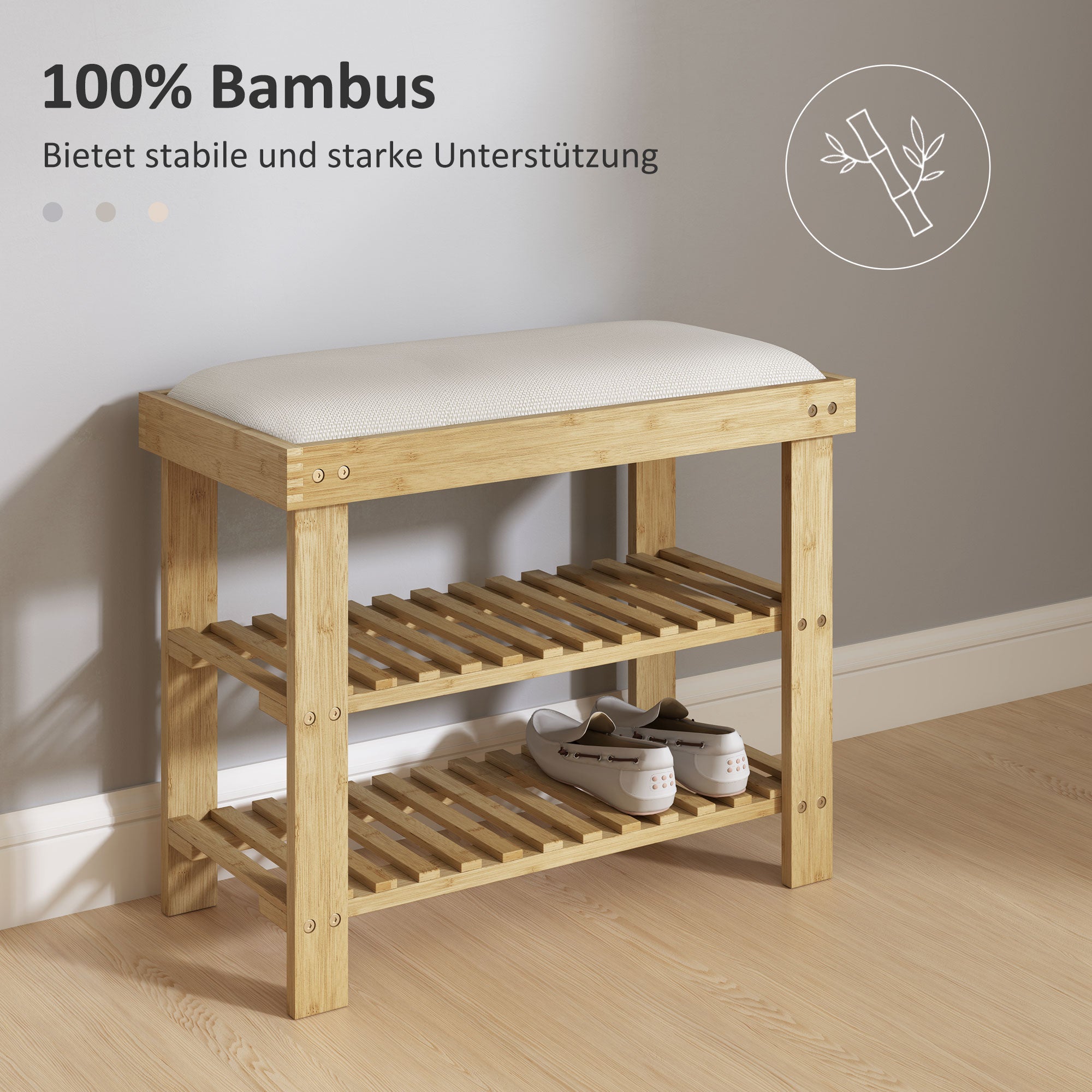 HOMCOM Schuhbank mit Sitzfläche, Bambus Sitzbank mit Stauraum, 2 offene Fächer, Sitzbank 60 x 29 x 49 cm Cremeweiß