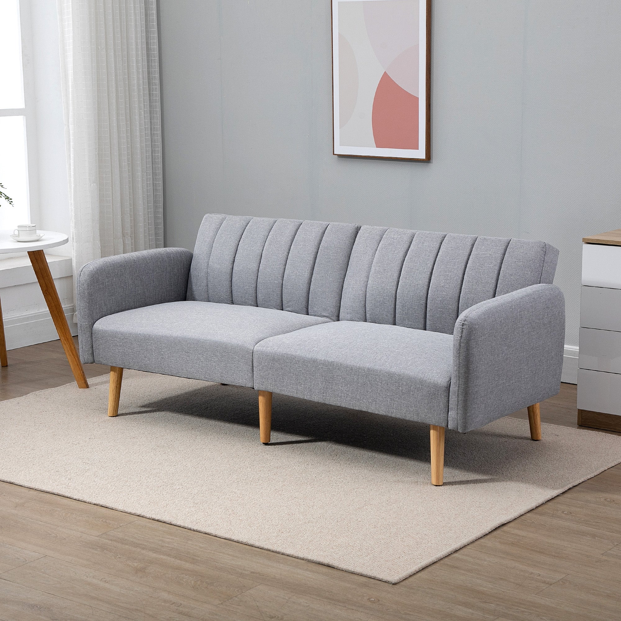 HOMCOM Schlafsofa, 2-Sitzer Stoffsofa, Sofa mit Schlaffunktion, leinenartiges Polyester, Kautschukholz, 173 x 75 x 73 cm, Grau
