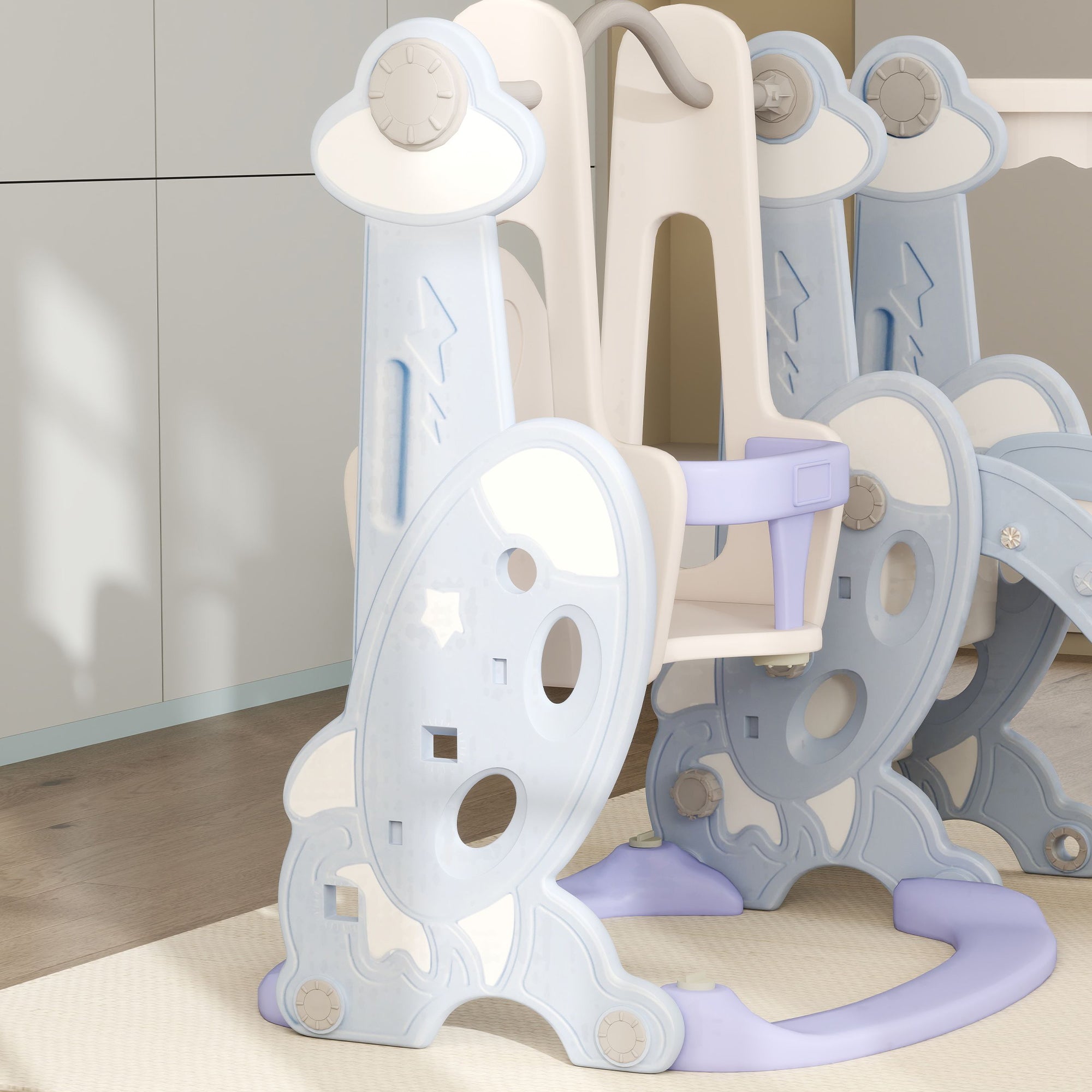 AIYAPLAY 4-in-1 Indoor-Spielplatz, Rutsch- und Schaukelset für Kleinkinder, Basketballkorb, Raketendesign, Kunststoff, Hellblau