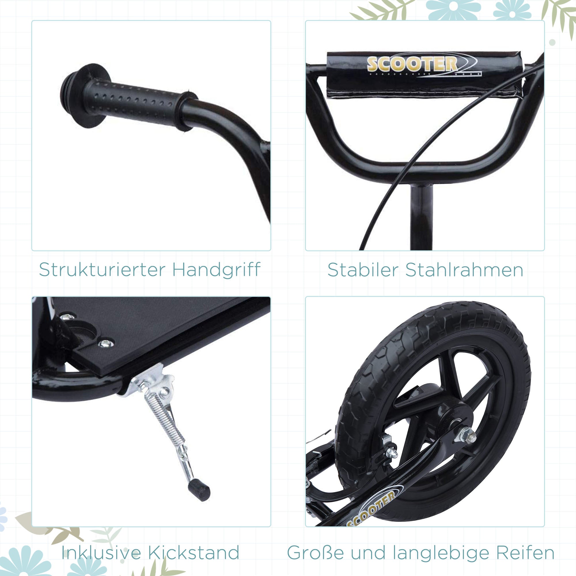 HOMCOM Kinderroller mit Hinterbremse Kickscooter 12 Zoll Tretroller Roller Scooter Cityroller für Kinder Kickboard Höhenverstellbar Stahl EVA Schwarz 120 x 52 x 80-88 cm