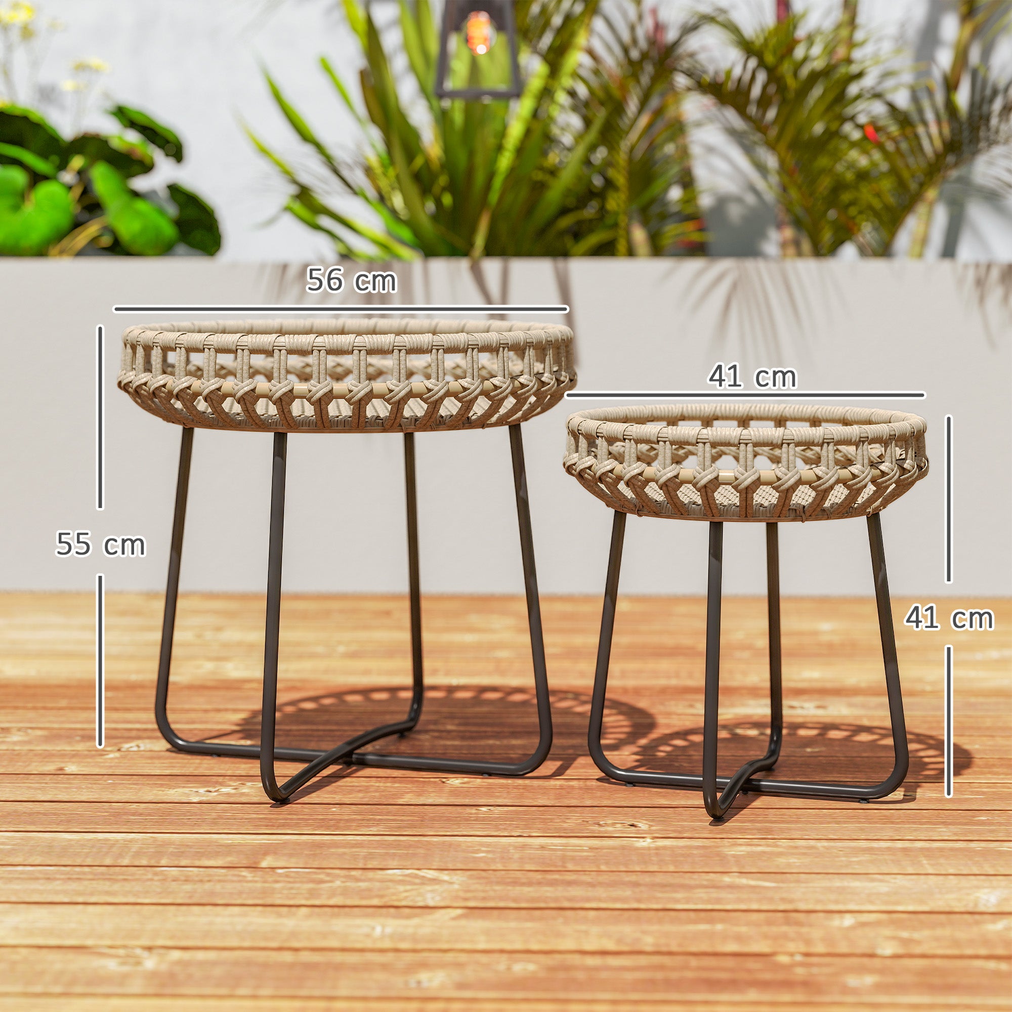Outsunny 2er Set Beistelltisch Polyrattan Ø60/41 cm rund wetterfest Gartentisch mit X-Beine Verstellbare Fußpads Braun
