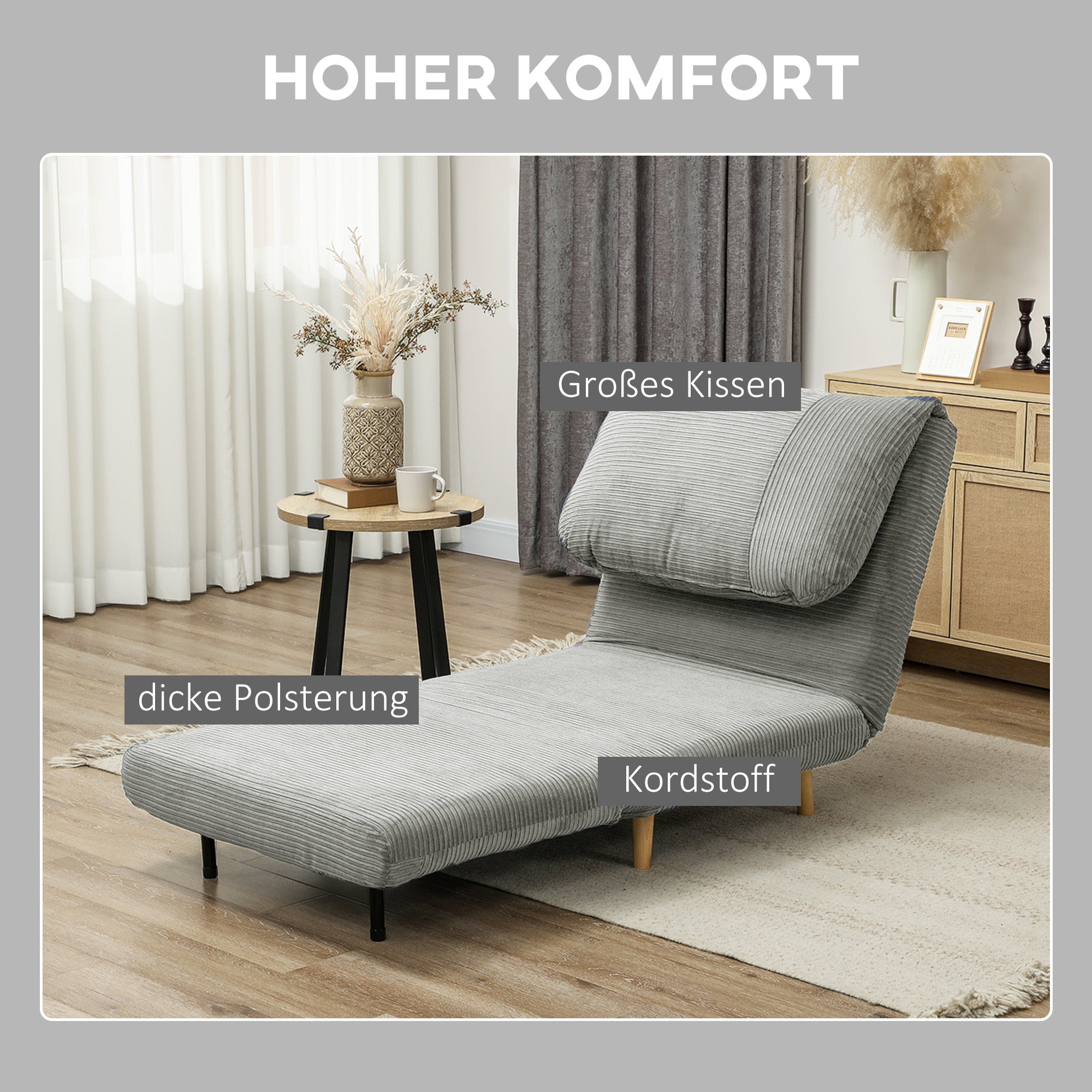 HOMCOM 2-in-1 Schlafsessel Gästebett, verstellbare  Kopfstütze Cord-Optik 82 cm x 8 cm x 83 cm Grau