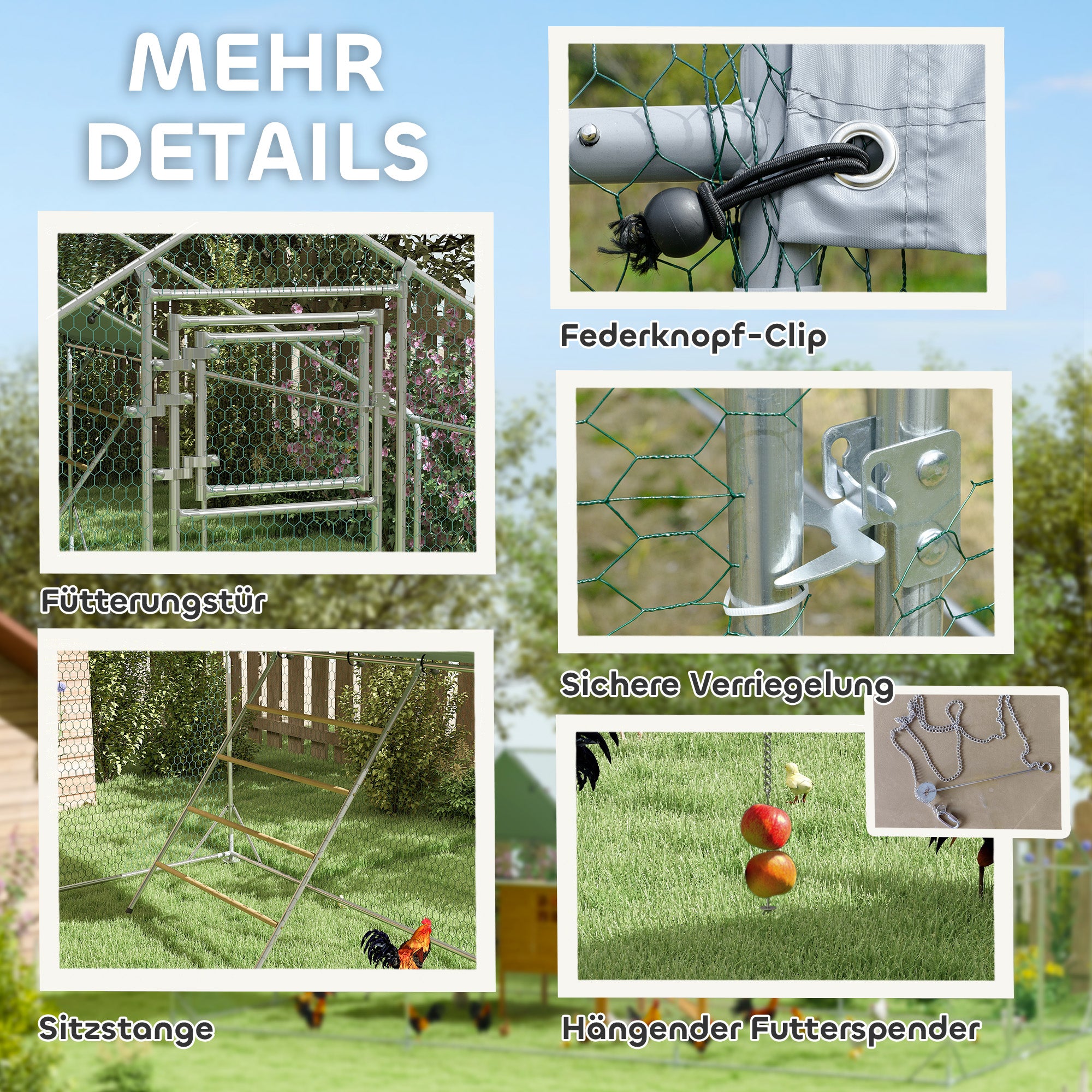 PawHut Hühnerstall, Freilaufgehege für Hühner, mit UV-beständiger Plane, Stahlgitter, Futterautomat, für 18-24 Hühner