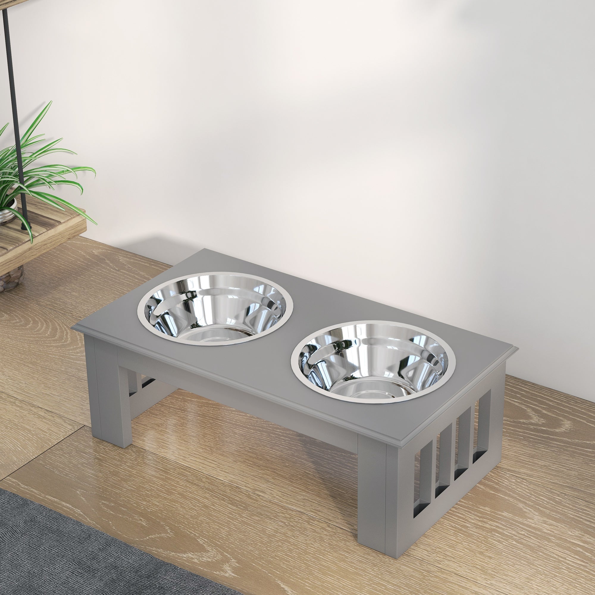 PawHut Hunde-Futterstation, rutschfest, 44x24x15cm, Grau, 0,9L pro Napf