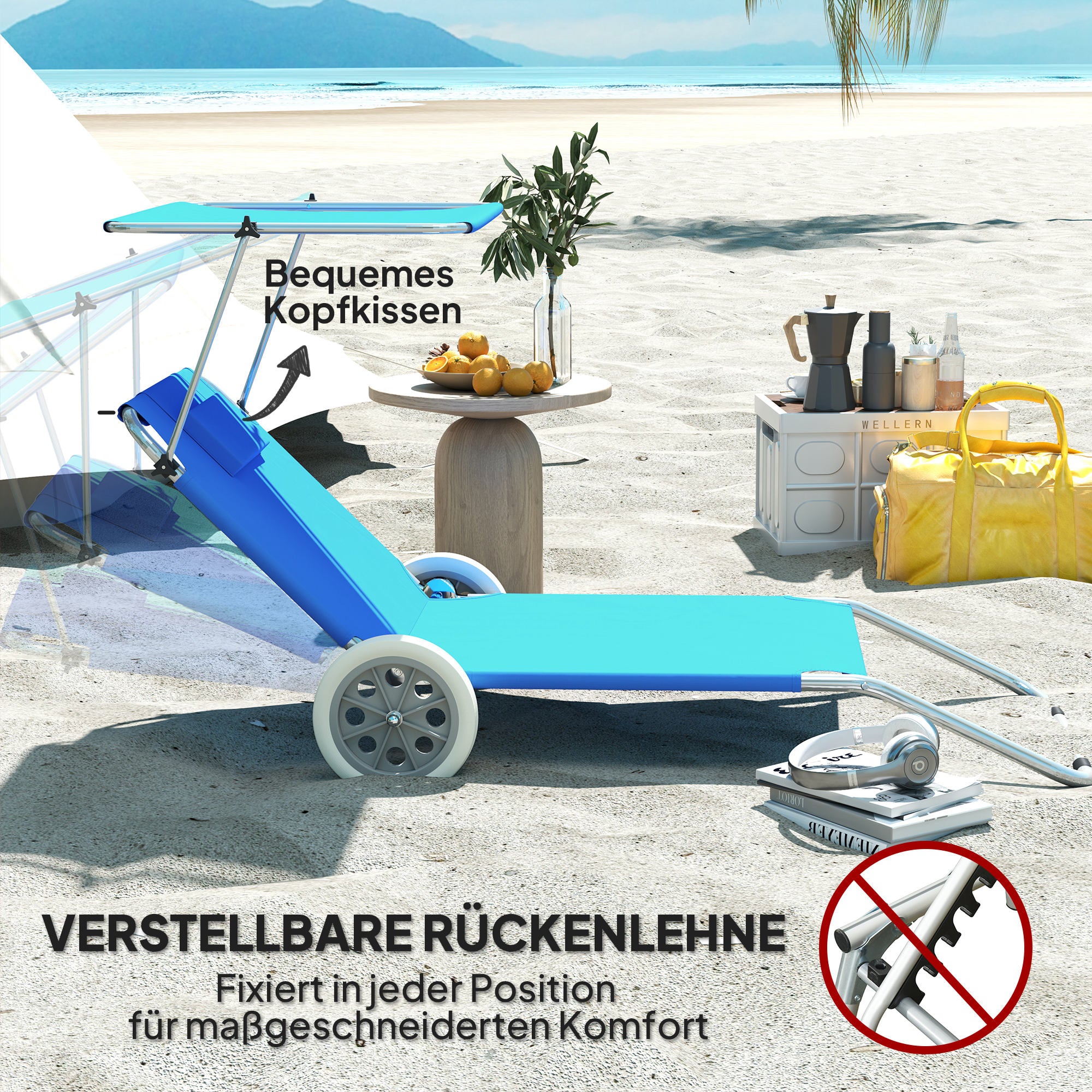 Outsunny Sonnenliege klappbar Gartenliege mit Kopfkissen Dach, Rolle Liegestuhl mit verstellbare Rückenlehne Blau
