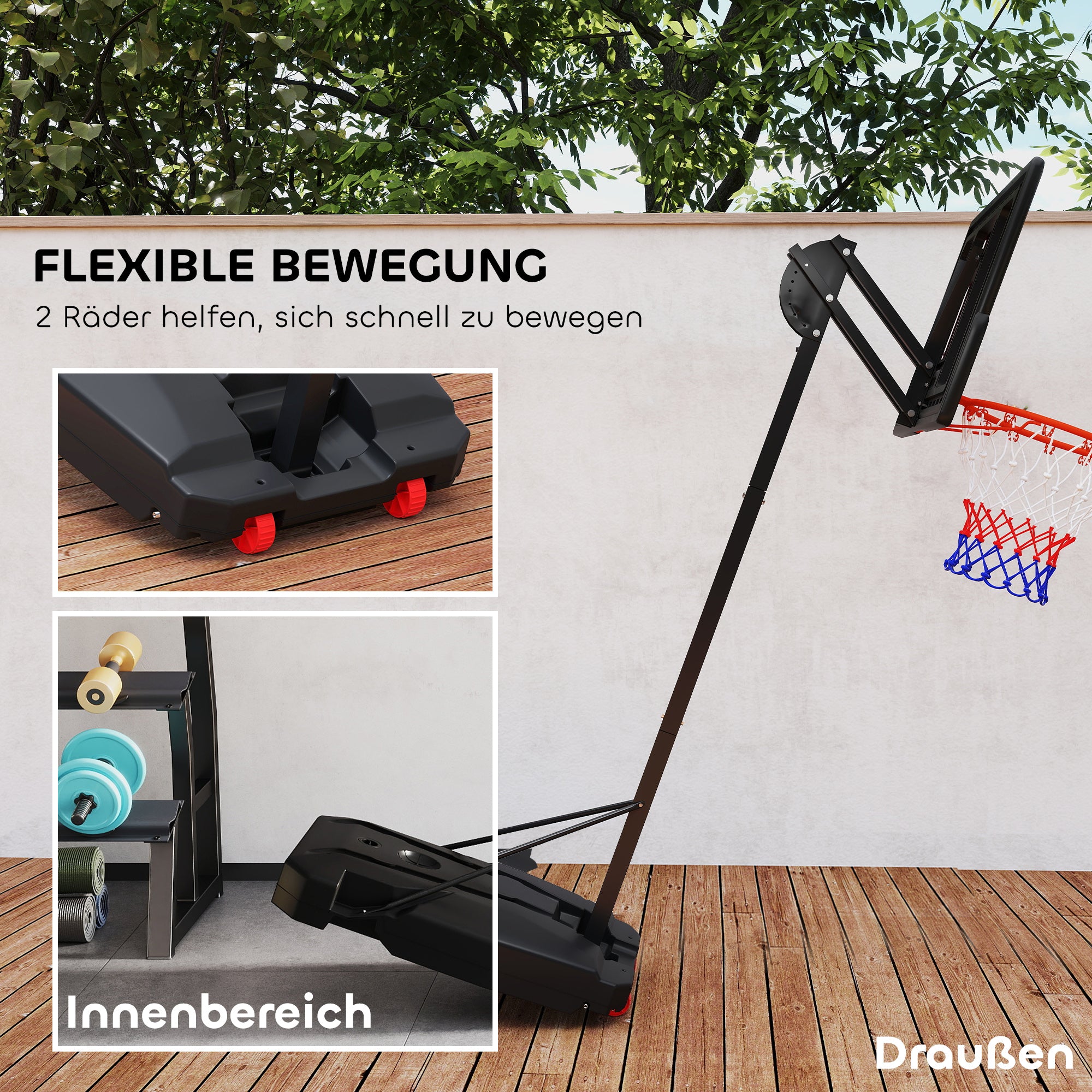 AIYAPLAY Kinder-Basketballkorb, Outdoor-Basketballkorb für Kinder, 200-260 cm höhenverstellbar, mit Rädern, ab 6 Jahren, Rot
