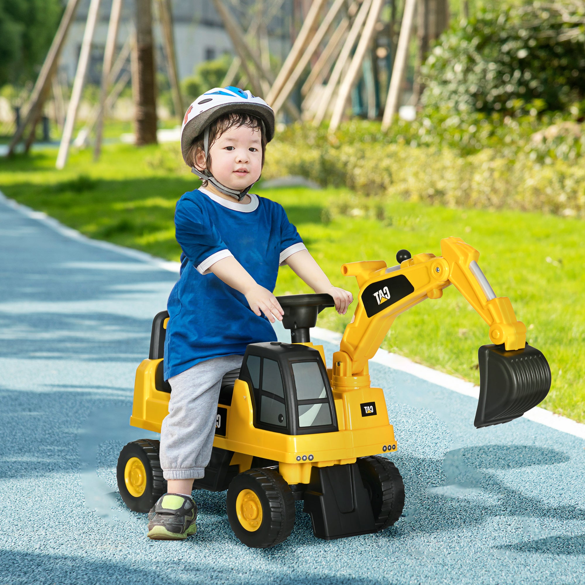 HOMCOM Kinderbagger Laufrad mit Baggerschaufel und Stauraum Gelb