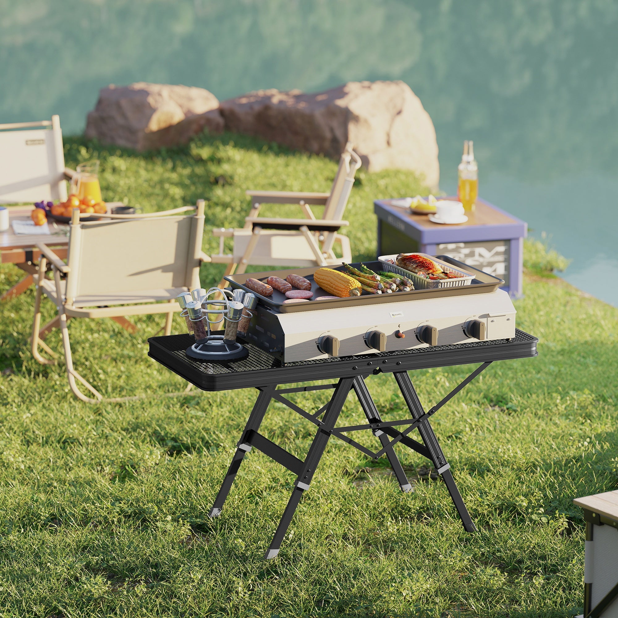 Outsunny Campingtisch höhenverstellbar Klapptisch mit Metallgitter Klappbar aus Aluminium
