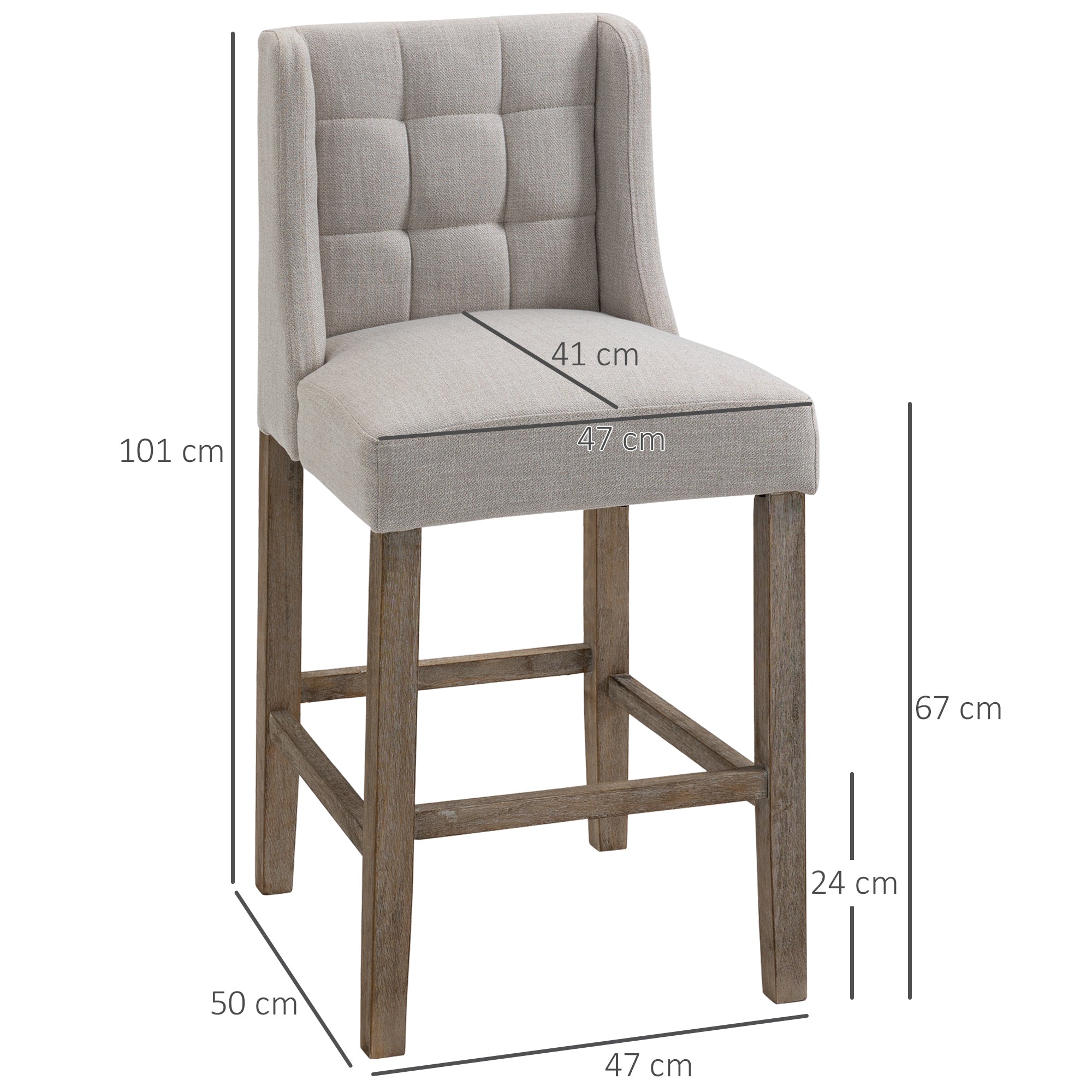 HOMCOM 2er-Set Barhocker mit lehne Barstühle mit Knopfheftung, Massivholz, inkl. Fußstütze, 47 cm x 50 cm x 101 cm, Grau + Natur