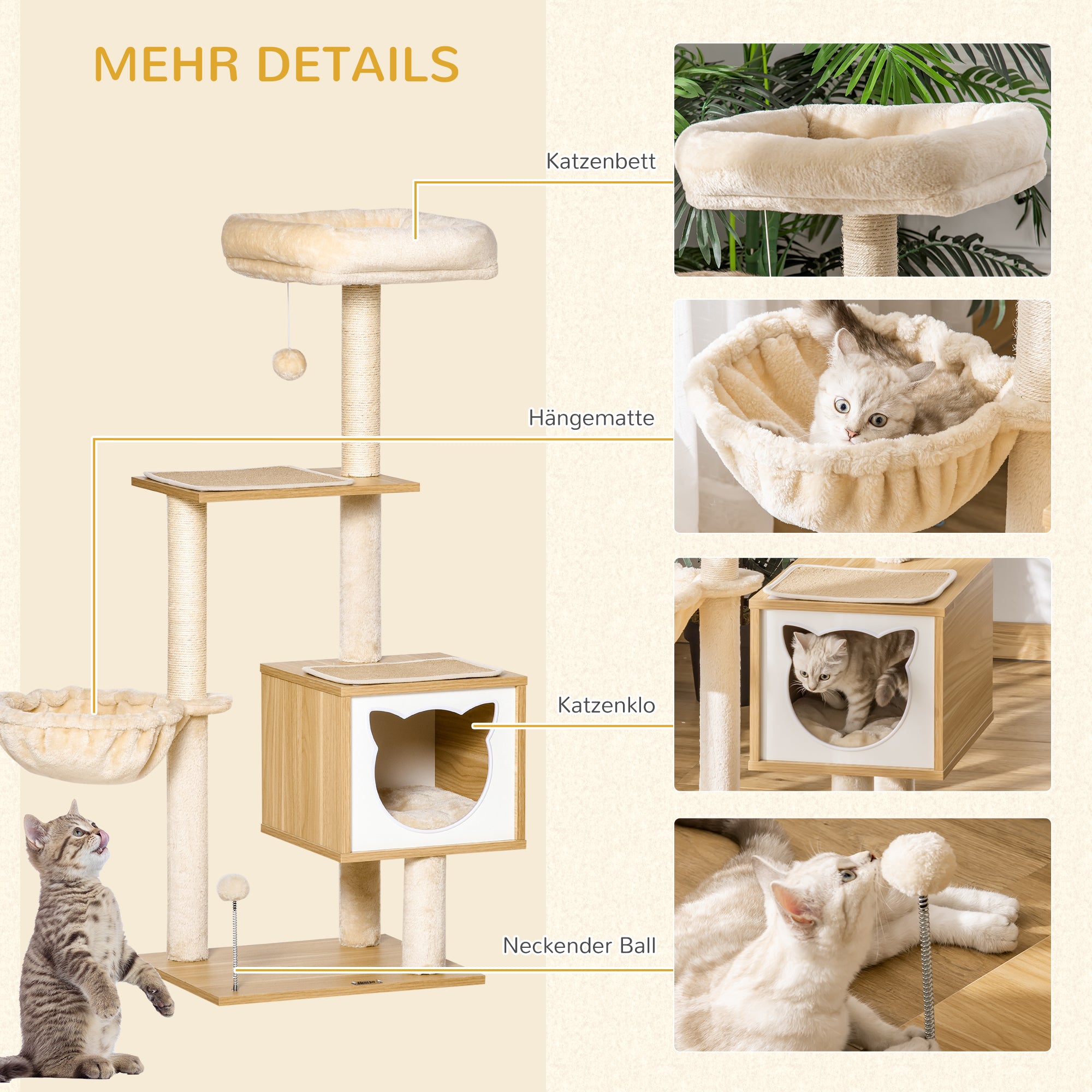 PawHut Kratzbaum Katzenbaum mit Katzenhöhle Plattform Höhe 126 cm Kletterbaum aus Holz Katzenkratzbaum Spanplatte Sisal Kurzplüsch Beige 48 x 40 x 126 cm