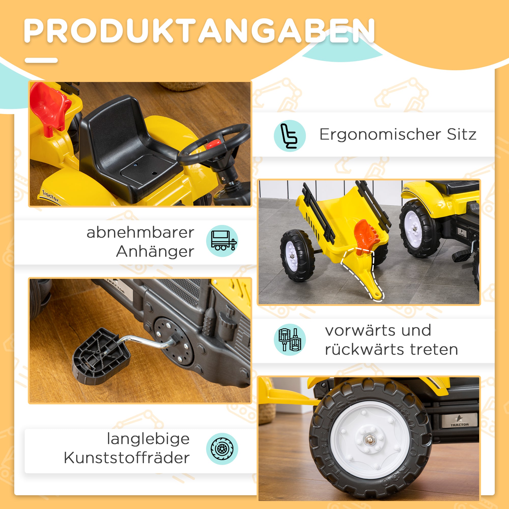 HOMCOM Trettraktor mit Anhänger, Werkzeug, Hupe, für Kinder ab 3 J., Metallrahmen, schwarz-gelb, 133 x 42 x 51 cm