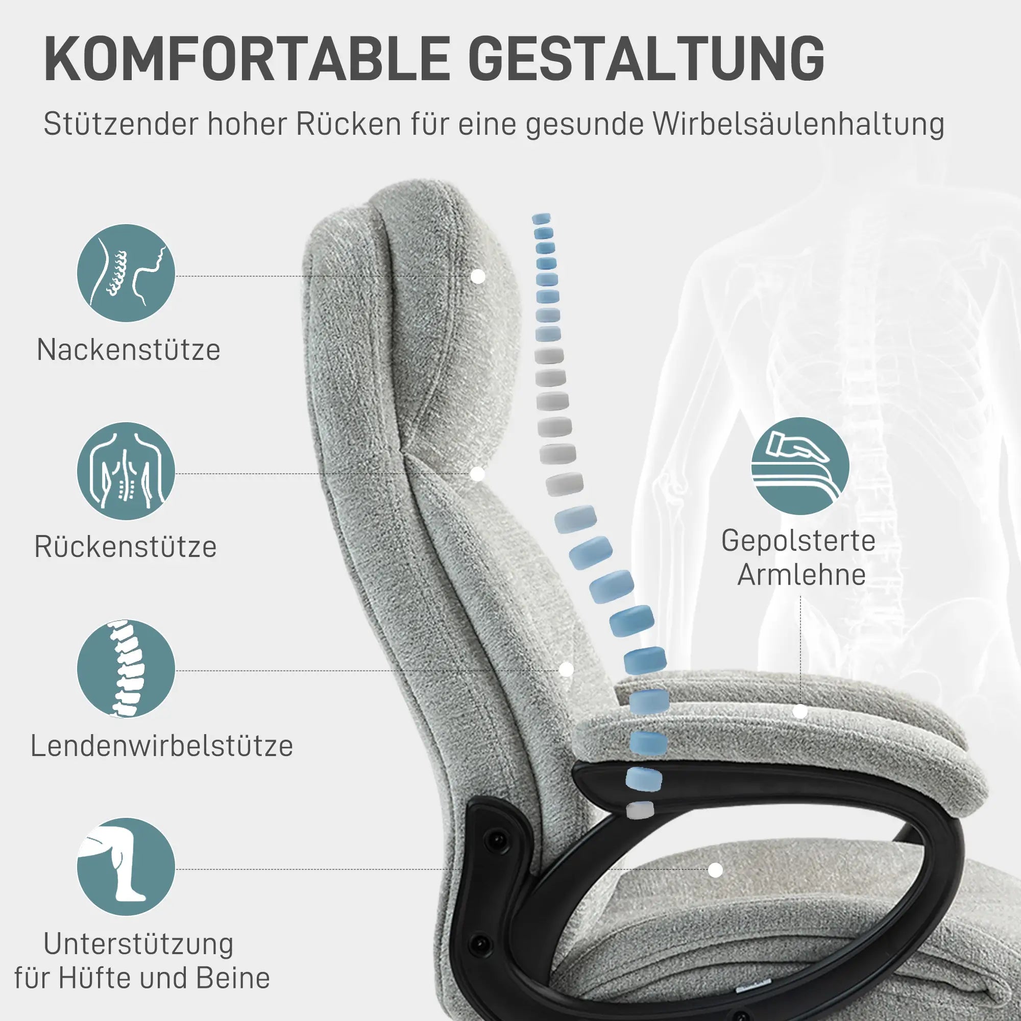 HOMCOM Bürostuhl, Schreibtischstuhl, drehbar, Wippfunktion, höhenverstellbar, Hellgrau
