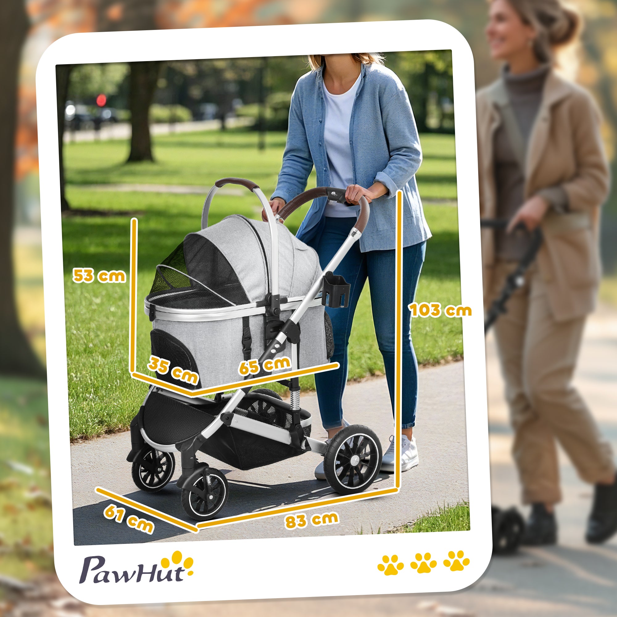 PawHut Hundewagen 3 in 1 Hundebuggy klappbar für Katzen bis 10 kg Katzenbuggy mit Kissen Becherhalter Hellgrau