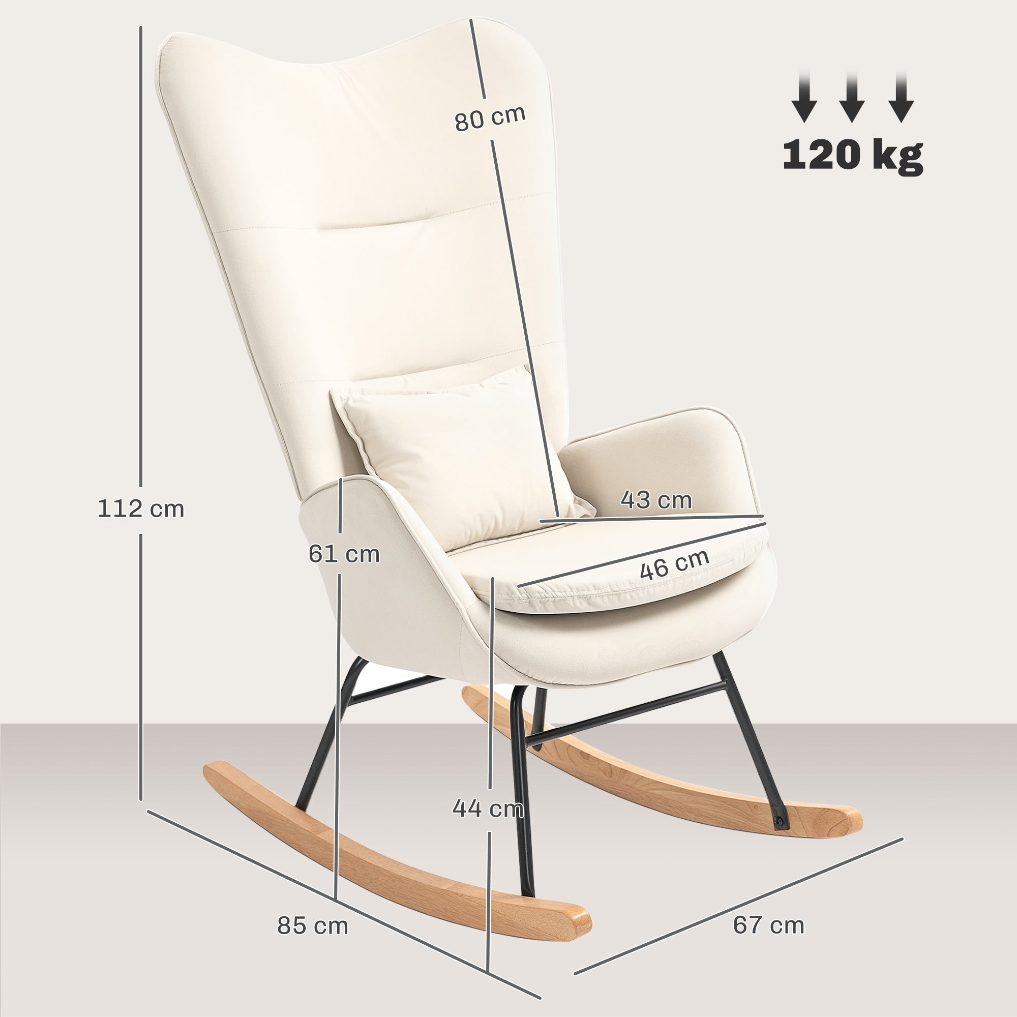 HOMCOM Schaukelstuhl, weicher Bezug in Samtoptik, mit Lendenkissen, bis 120 kg belastbar, 67 x 85 x 112 cm, Cremeweiß
