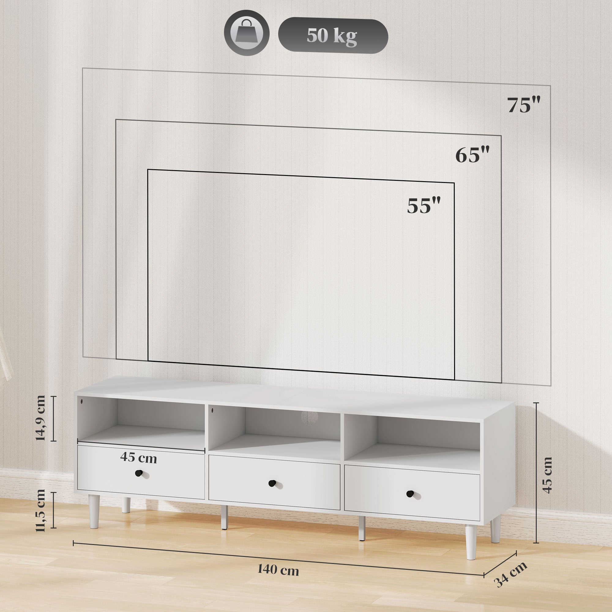 HOMCOM TV-Kommode, TV-Ständer für 75-Zoll-Bildschirme, 3 offene Fächer, 3 Schubladen, Spanplatte, Weiß
