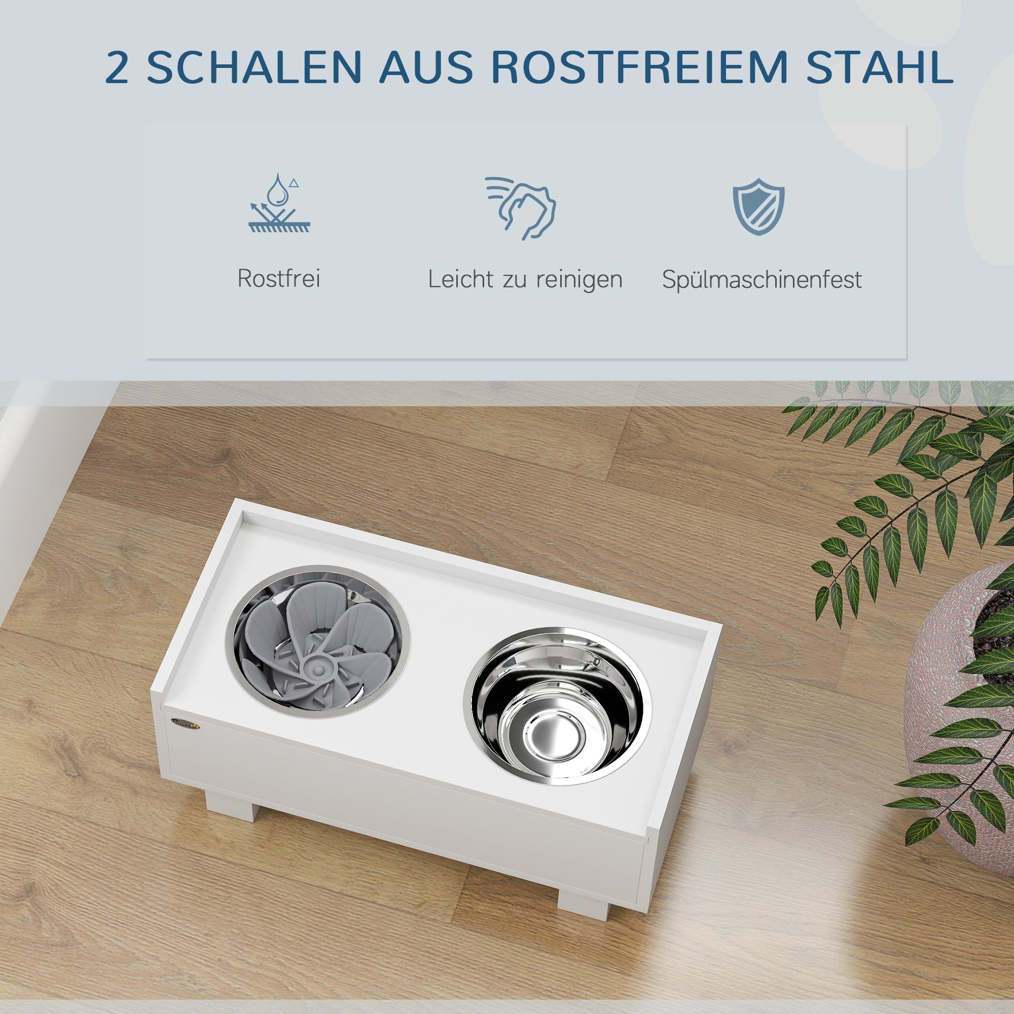 PawHut Erhöhte Fütterungsstation für Hunde, mit abnehmbarer Slow-Feeder-Matte, 2 Aluminiumschüsseln, Stauraum, Weiß