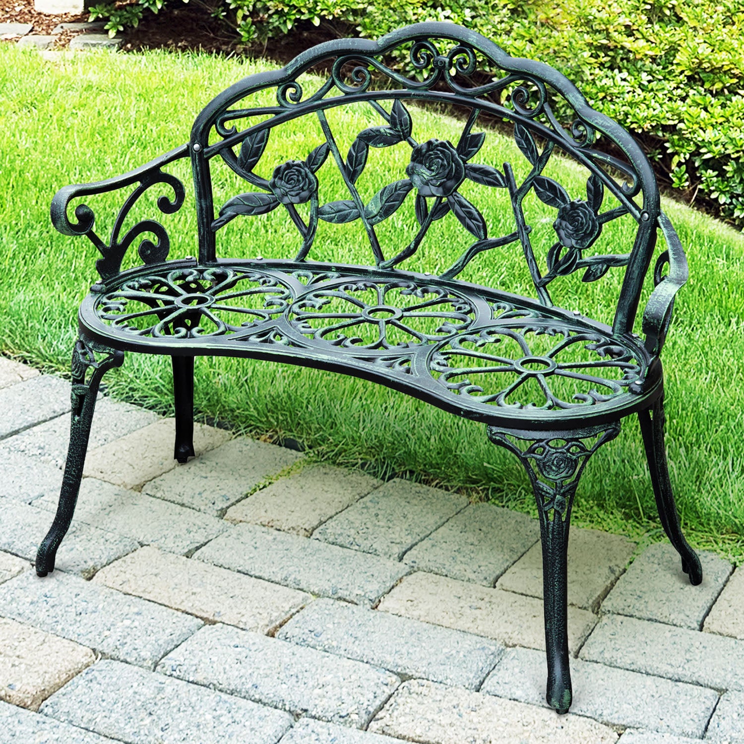 Outsunny Gartenbank 2-Sitzer Blumenmuster Gussaluminium Antik Grün