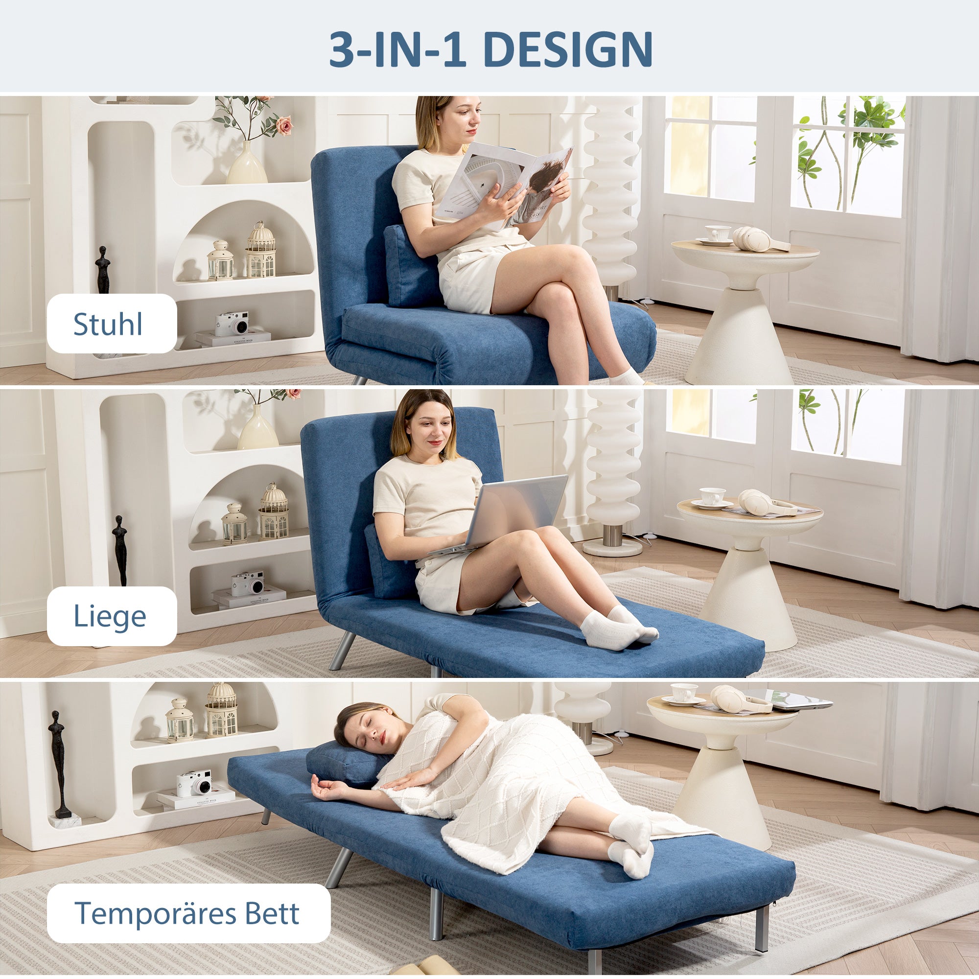 HOMCOM Polstersessel mit Bettfunktion, 2-in-1 Design, Schlafsessel, Gästebett, Stoffbezug, mit Kissen, Blau