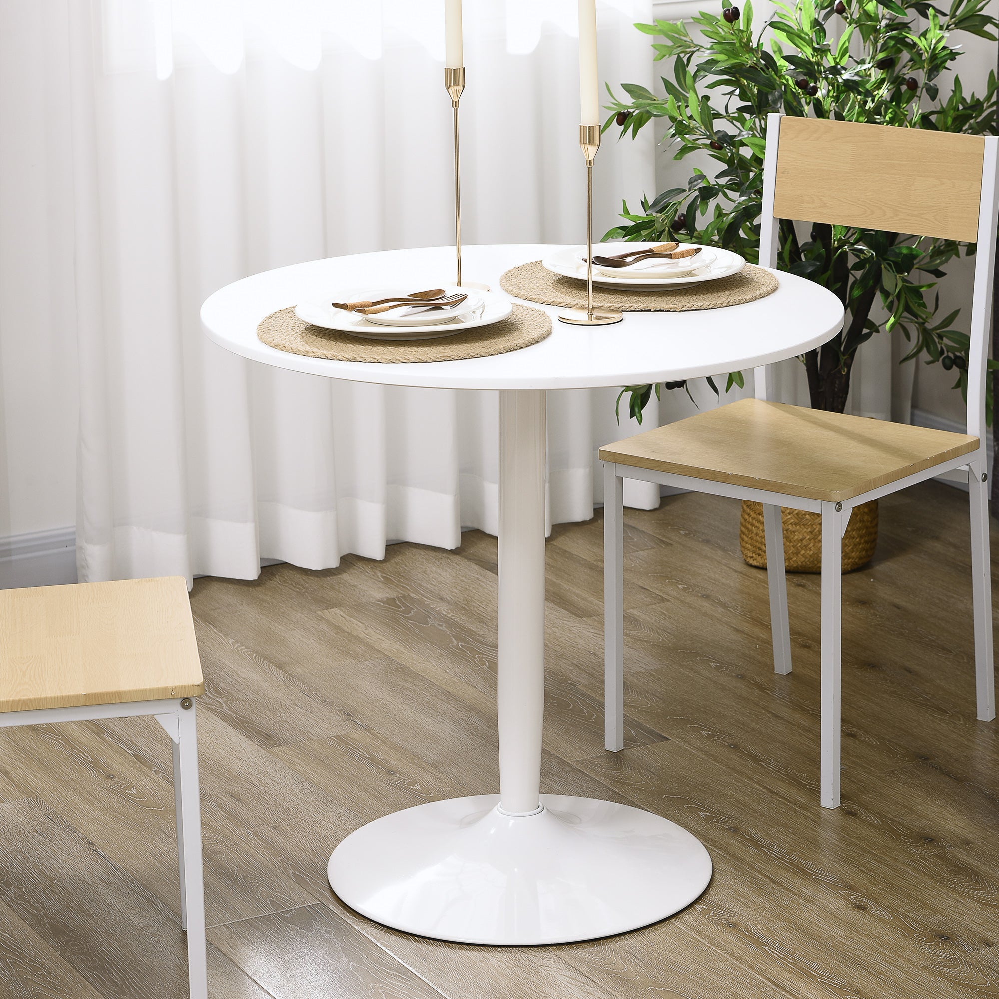 HOMCOM Esstisch für 2 Personen, runde Tischplatte Ø80 cm, MDF und Stahl, rutschfest, Weiß, 75H cm