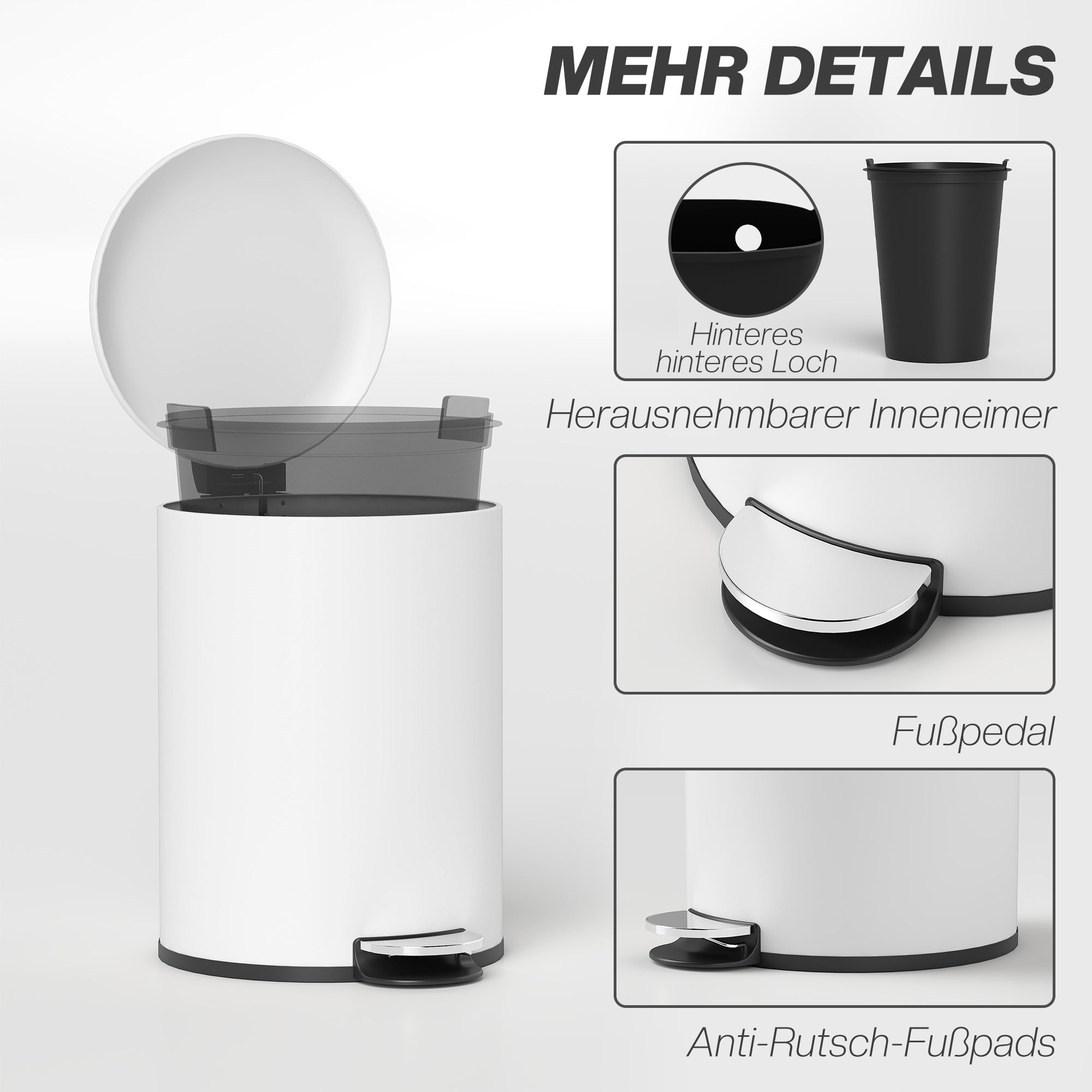 HOMCOM Mülleimer 20L, mit Pedal, Inneneimer, fingerabdrucksicher, leises Schließen, Cremeweiß