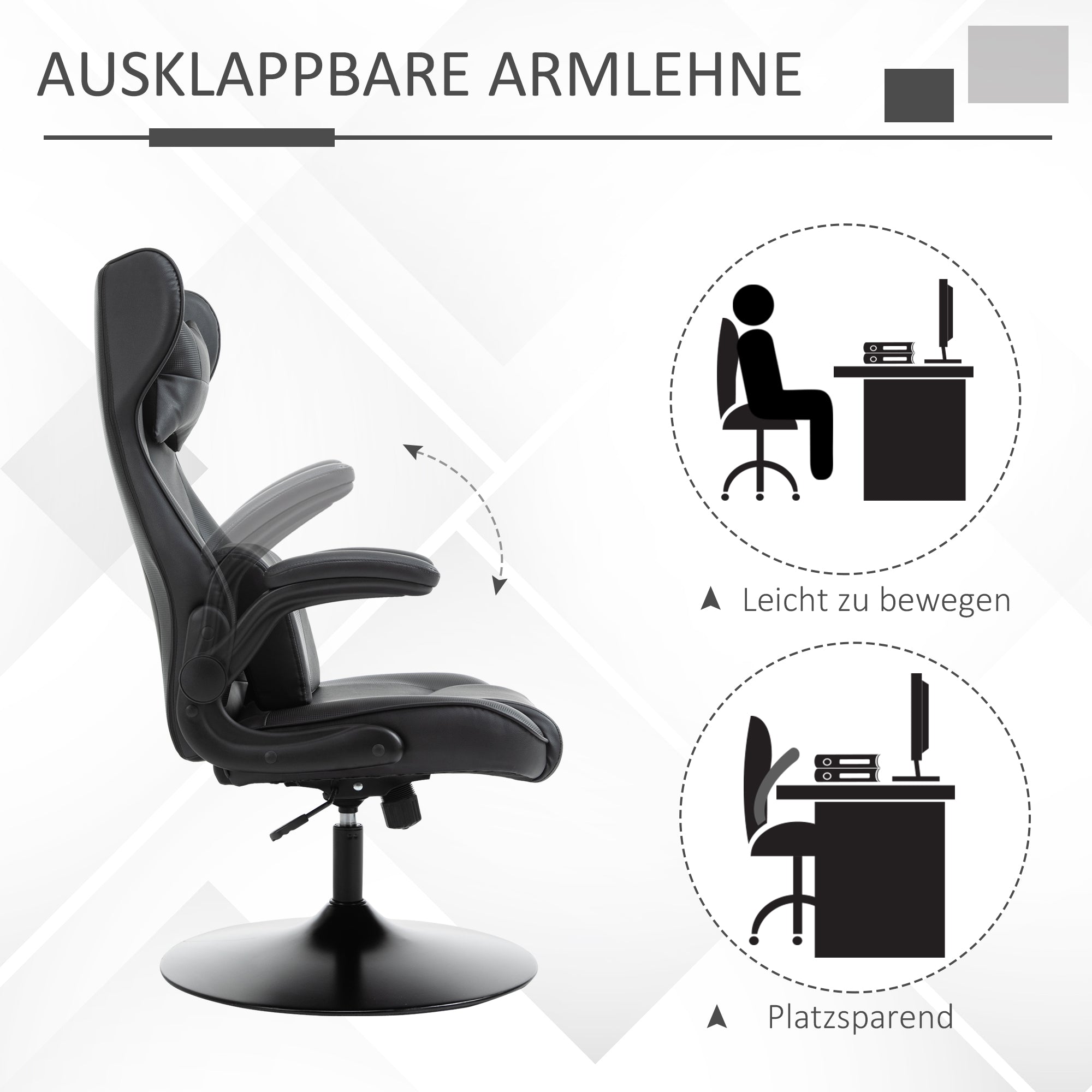 Vinsetto Gaming-Stuhl, Wippfunktion, Lendenkissen, höhenverstellbar, Kunstleder, 67x71x112 cm, Schwarz