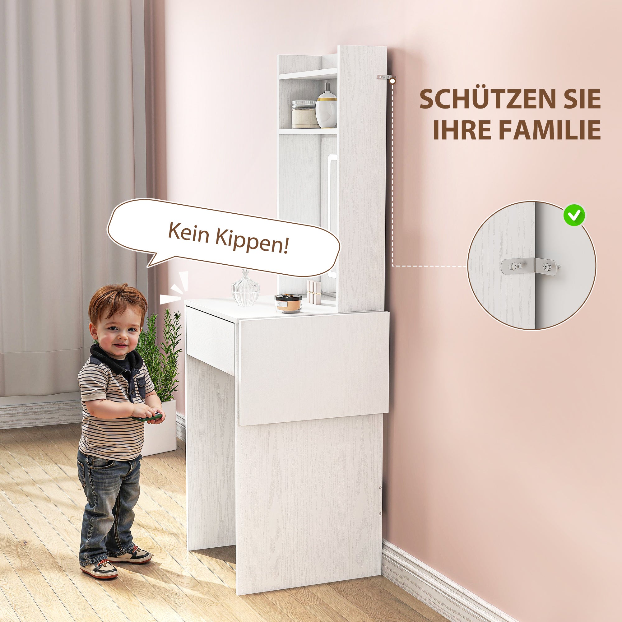 HOMCOM Kompakter Schminktisch mit Spiegel und LED-Beleuchtung, klappbare Tischplatte, offenere Regale, Schublade, MDF, Weiß