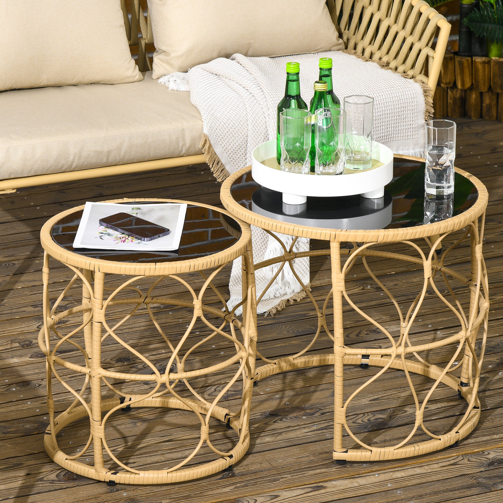 Outsunny Gartentisch 2er-Set stapelbar Indoor Outdoor Rattan Glas