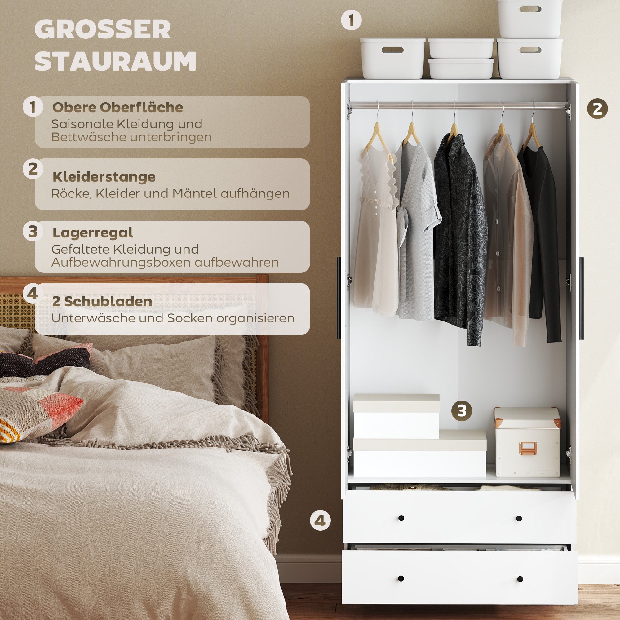 HOMCOM Kleiderschrank, 2 Türen, Hängebereich, Kleiderstange, 2 Schubladen, Spanplatte, Weiß