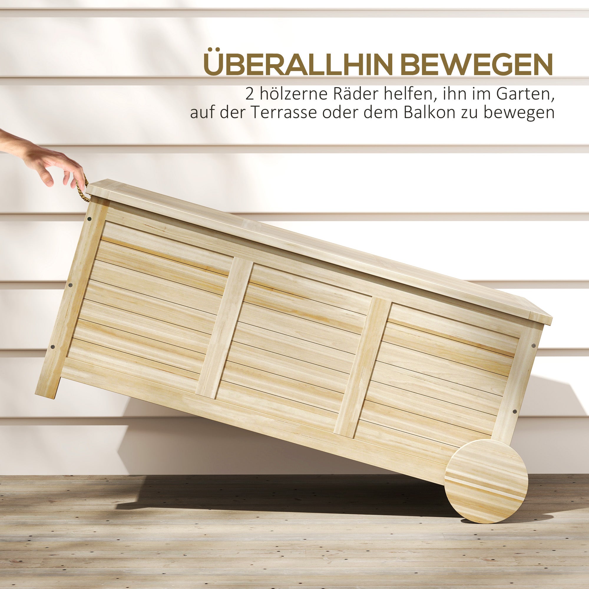 Outsunny 185 L Außenlagerbox, Lagerkiste mit Rädern, wetterbeständig, Tannenholz, 110 x 50 x 50 cm, Hellbraun