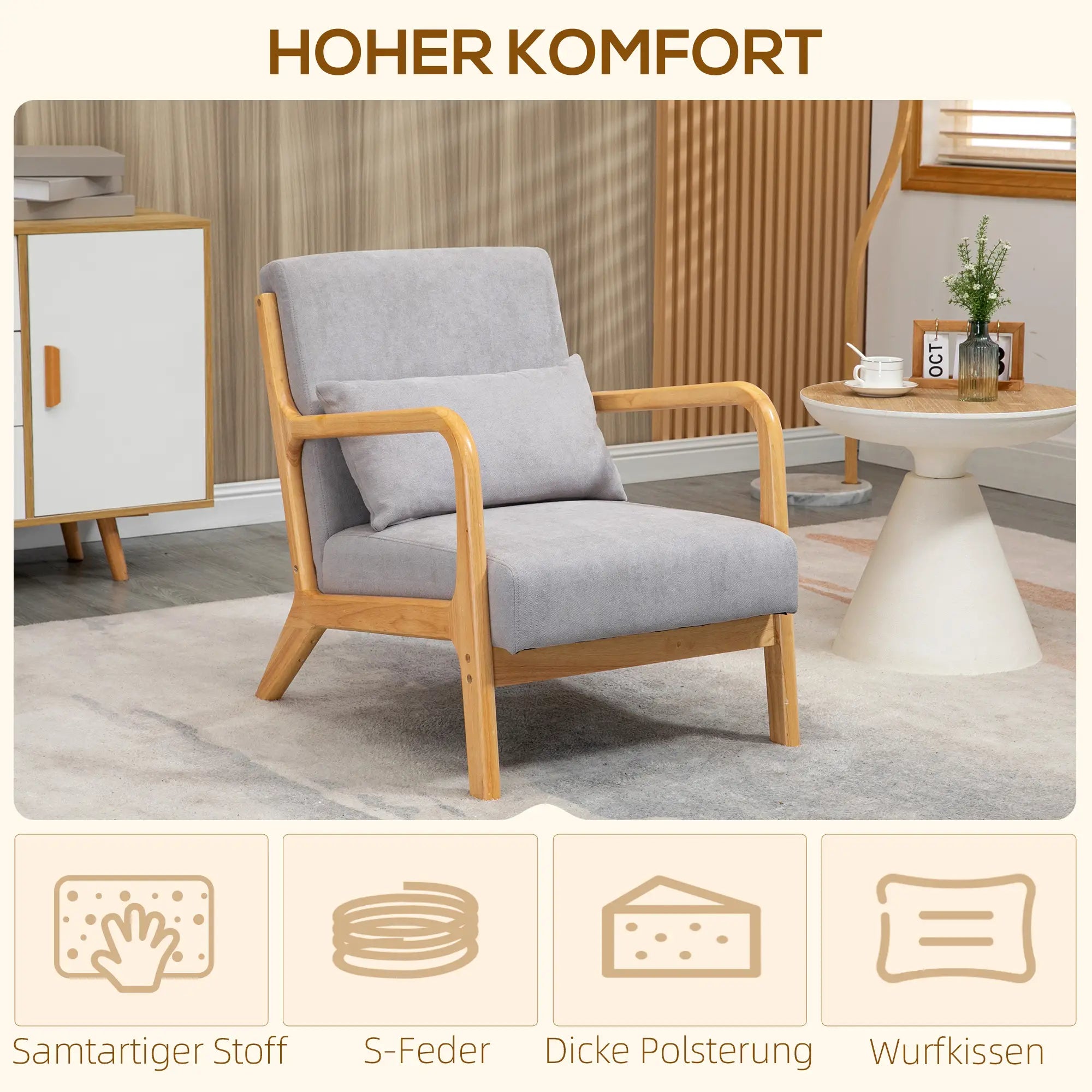 HOMCOM Loungesessel Polsterstuhl Gummiholz Samtoptik grau