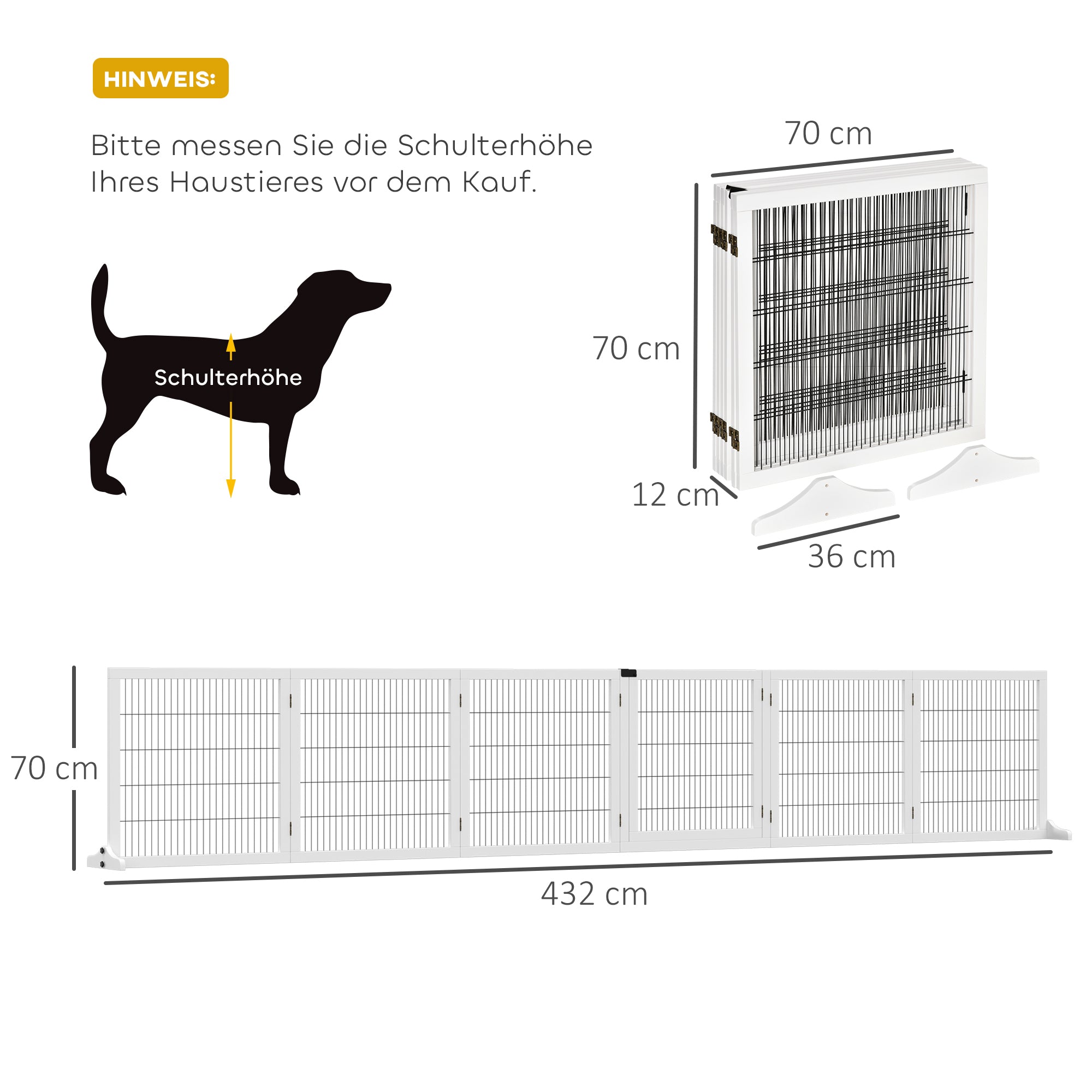 PawHut Absperrgitter für Hunde, klappbar, 432 x 36 x 70 cm, Kiefernholz, Weiß