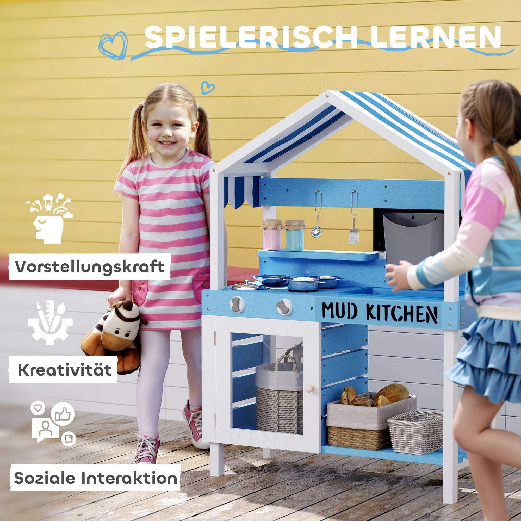 AIYAPLAY Outdoor-Spielküche für Kinder mit Sonnendach, Kochgeschirr-Set, Massivholz, Blau