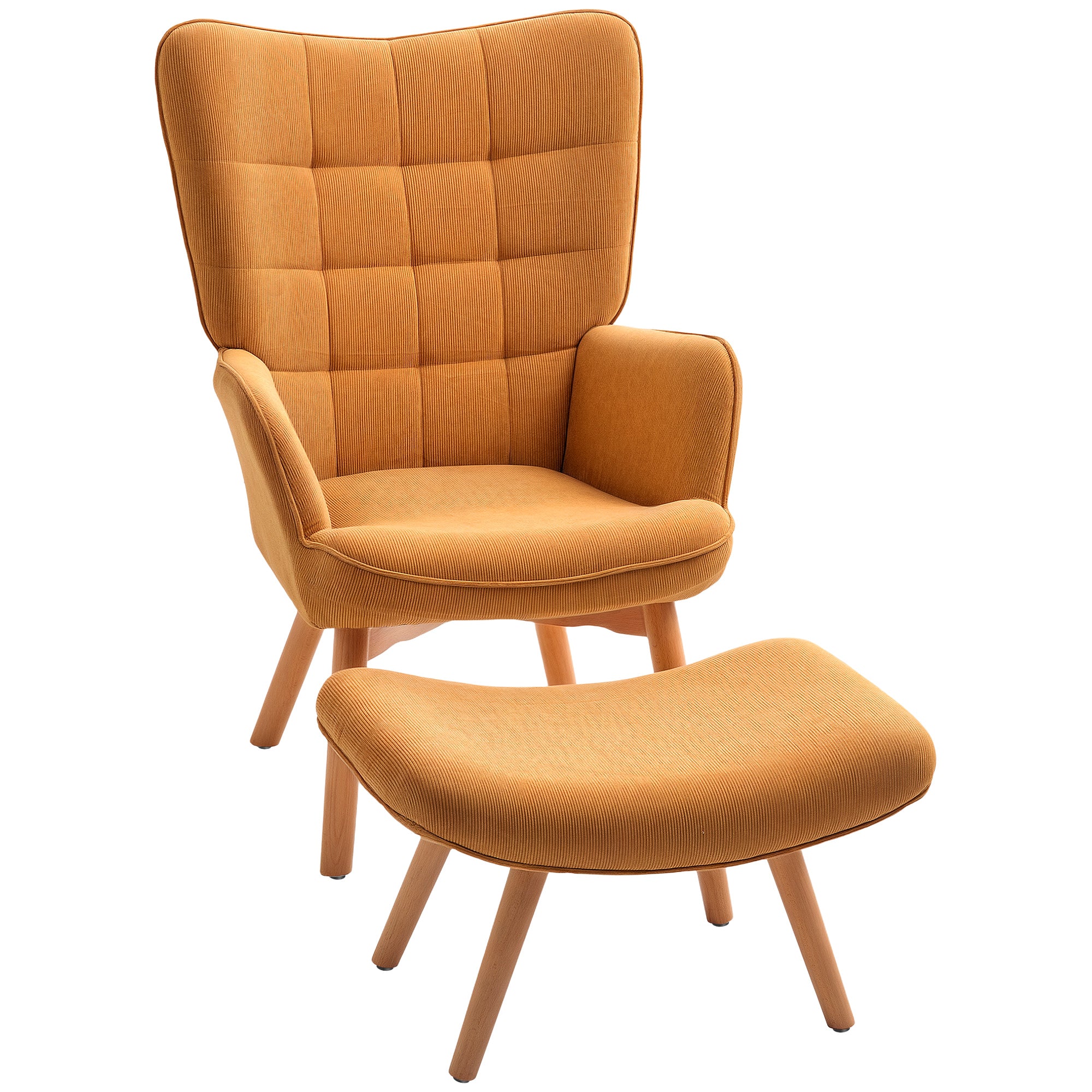HOMCOM Akzentsessel mit Hocker, Relaxsessel in Cord-Optik, Armlehnstuhl mit Holzbeinen, für Wohnzimmer, Braun