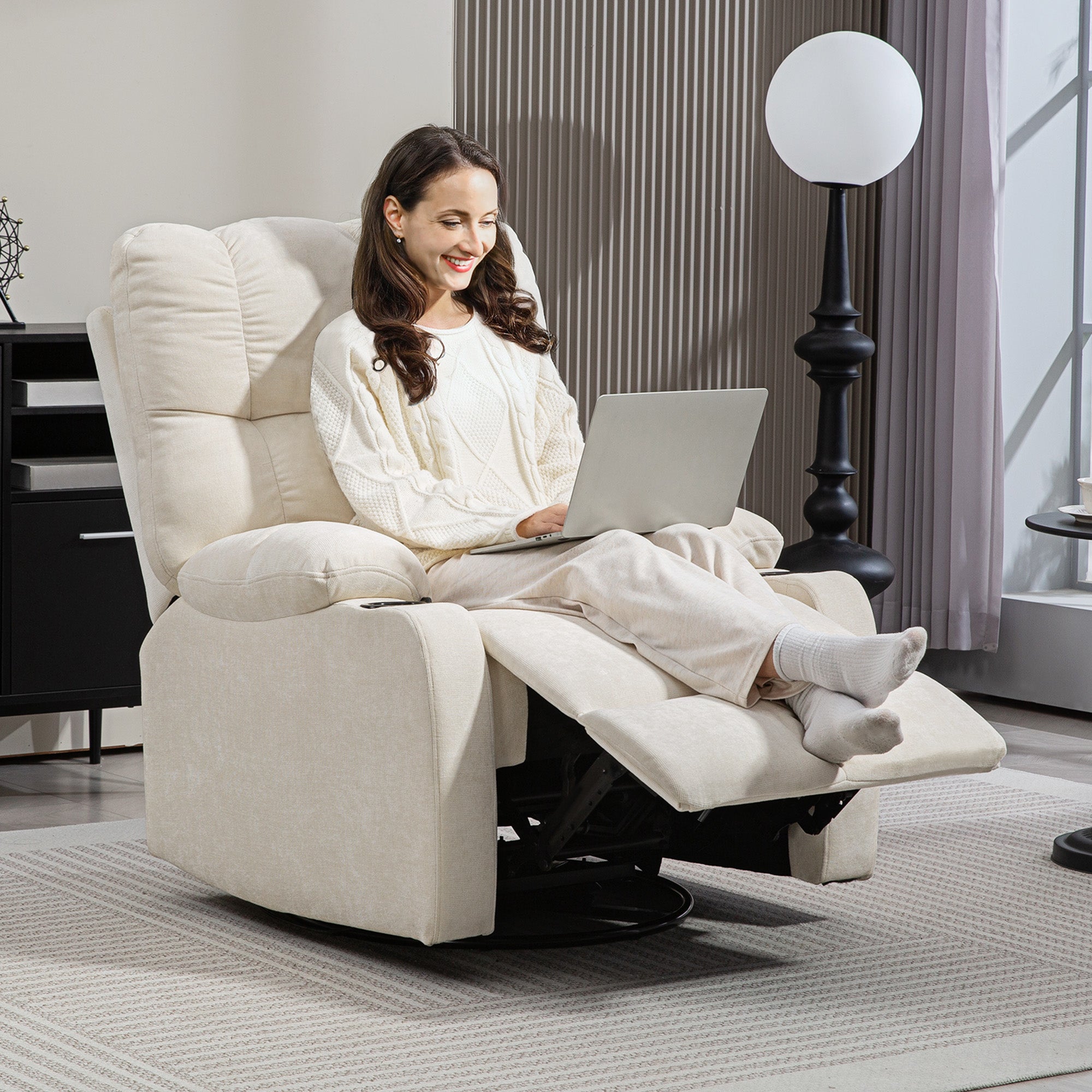 HOMCOM Relaxsessel mit Fußstütze, Liegesessel, drehbar, bis 150 kg, Stahlrahmen, 88x96x108cm, Beige