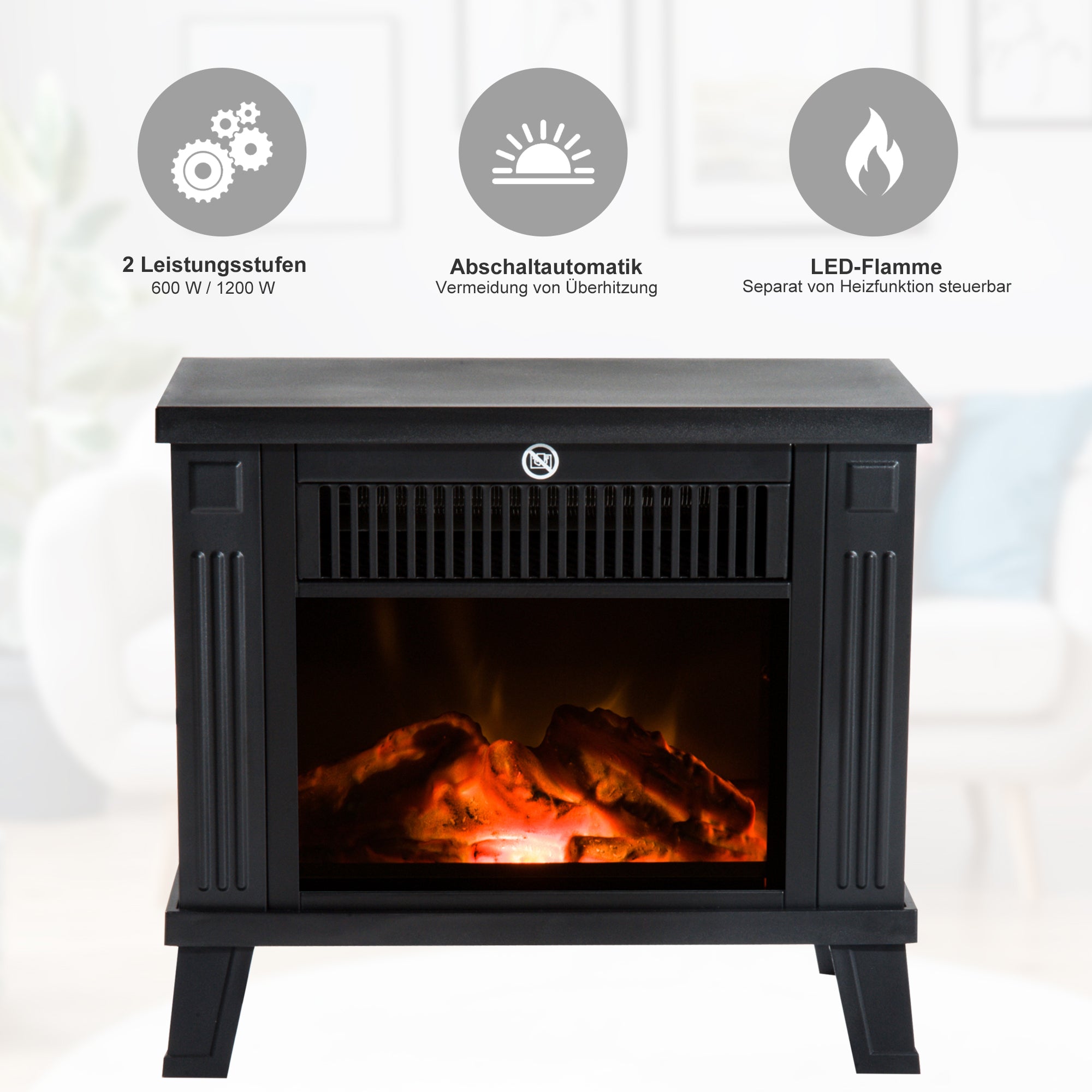 HOMCOM Elektrokamin Elektrischer Kamin Kaminofen Standkamin mit Flammeneffekt 600/1200W, Metall, Schwarz, 34x17x31 cm