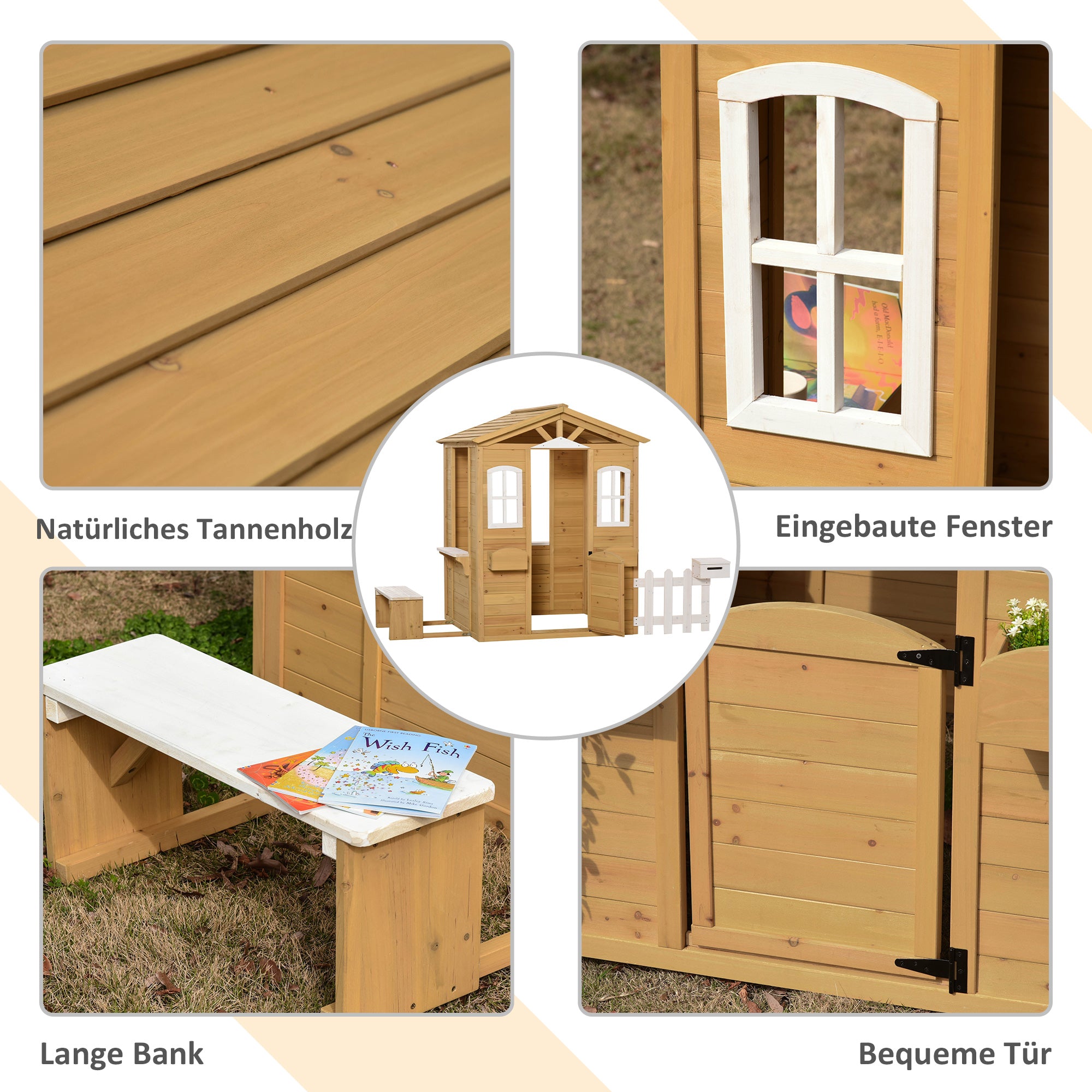 Outsunny Kinderspielhaus aus Holz Spielhaus Outdoor mit Tür, Fenster und Pflanzkasten Briefkasten Bank für Kinder 3-6 Jahre