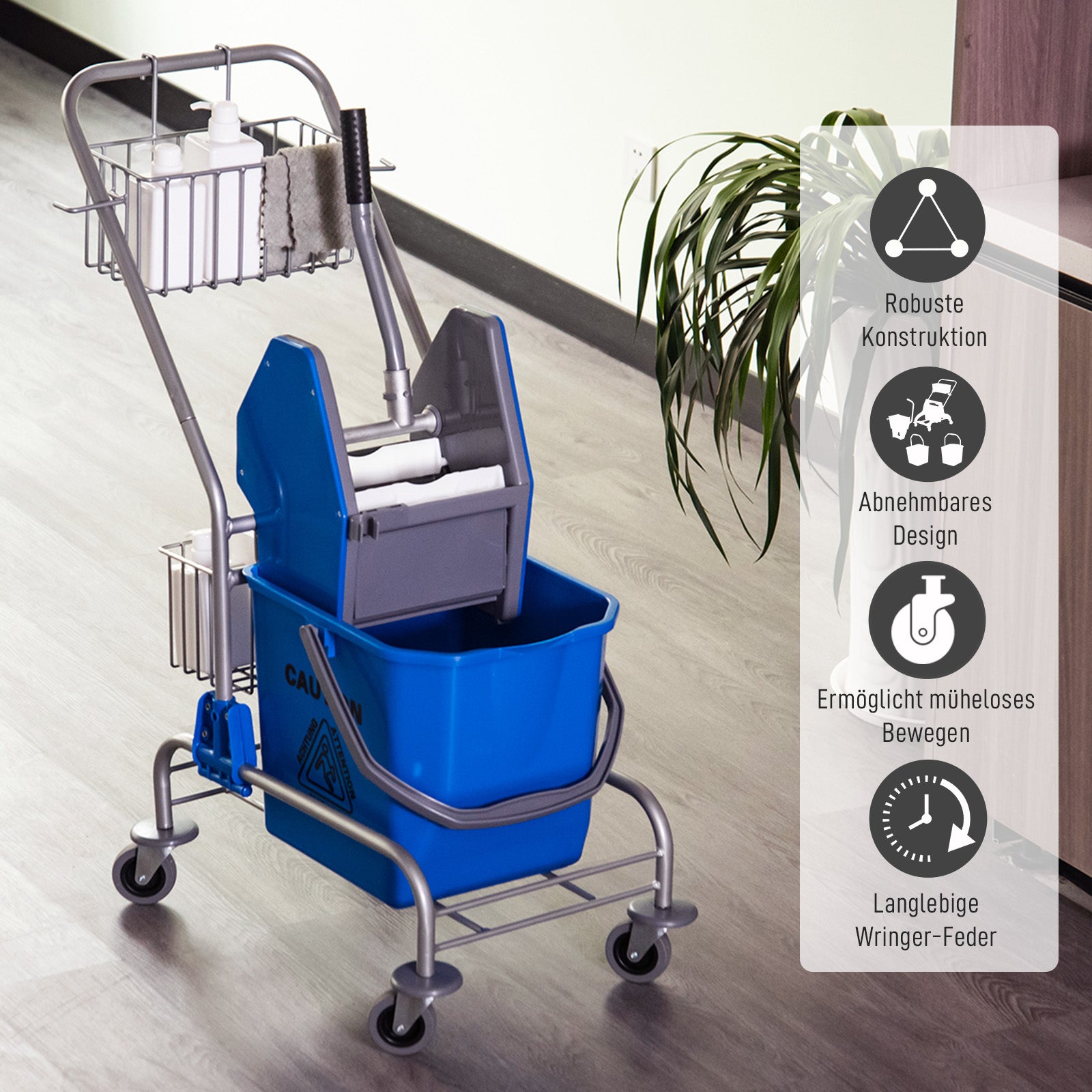 HOMCOM Reinigungseimer, Wischmoppeimer, rollbar, Kunststoff, Metallgriff, Blau